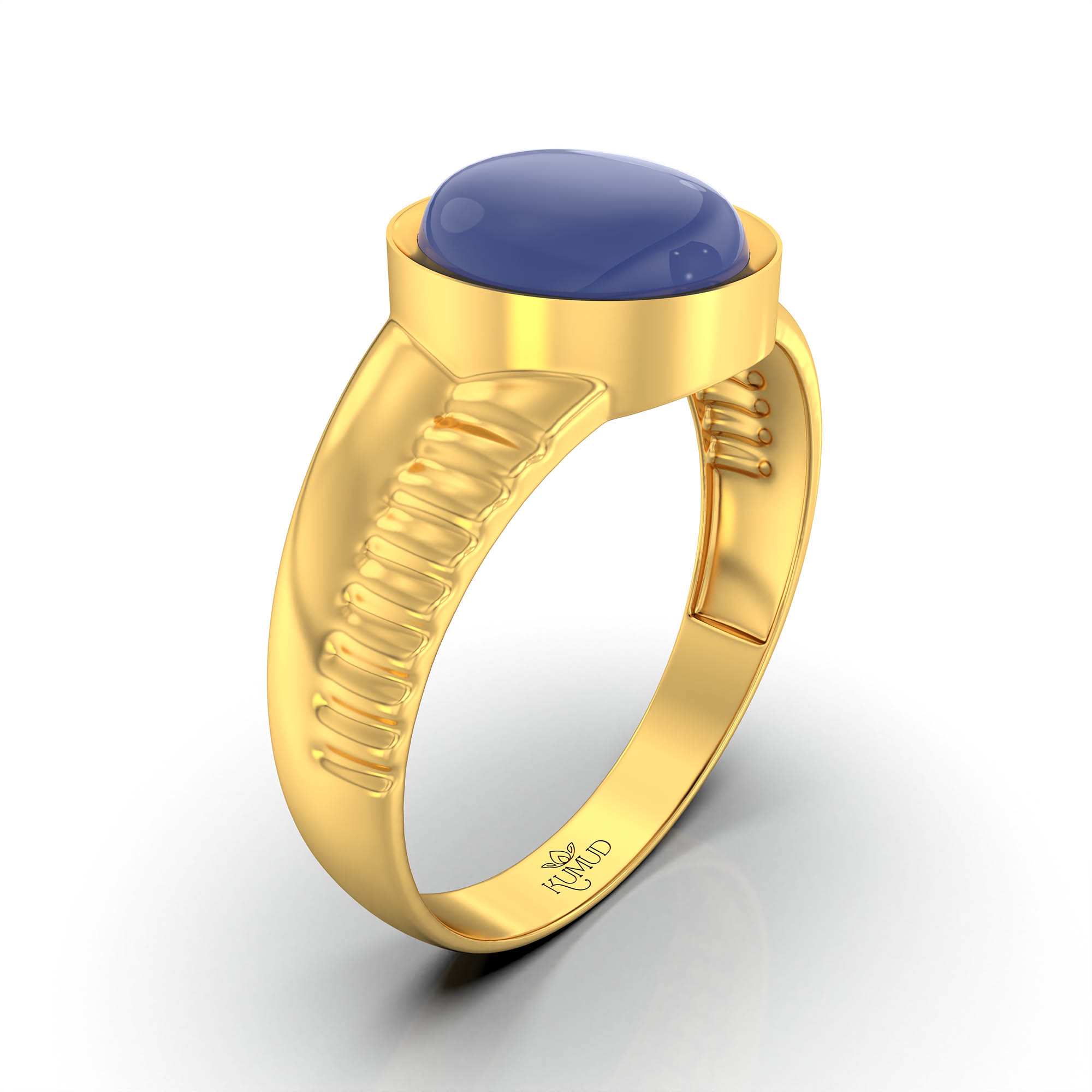 Blue Sapphire (Neelam) Ring for Men in 22K Yellow Gold – Oval Cabochon 9x8 mm, Bezel Setting, 4 g (Design KF-9) thumbnail