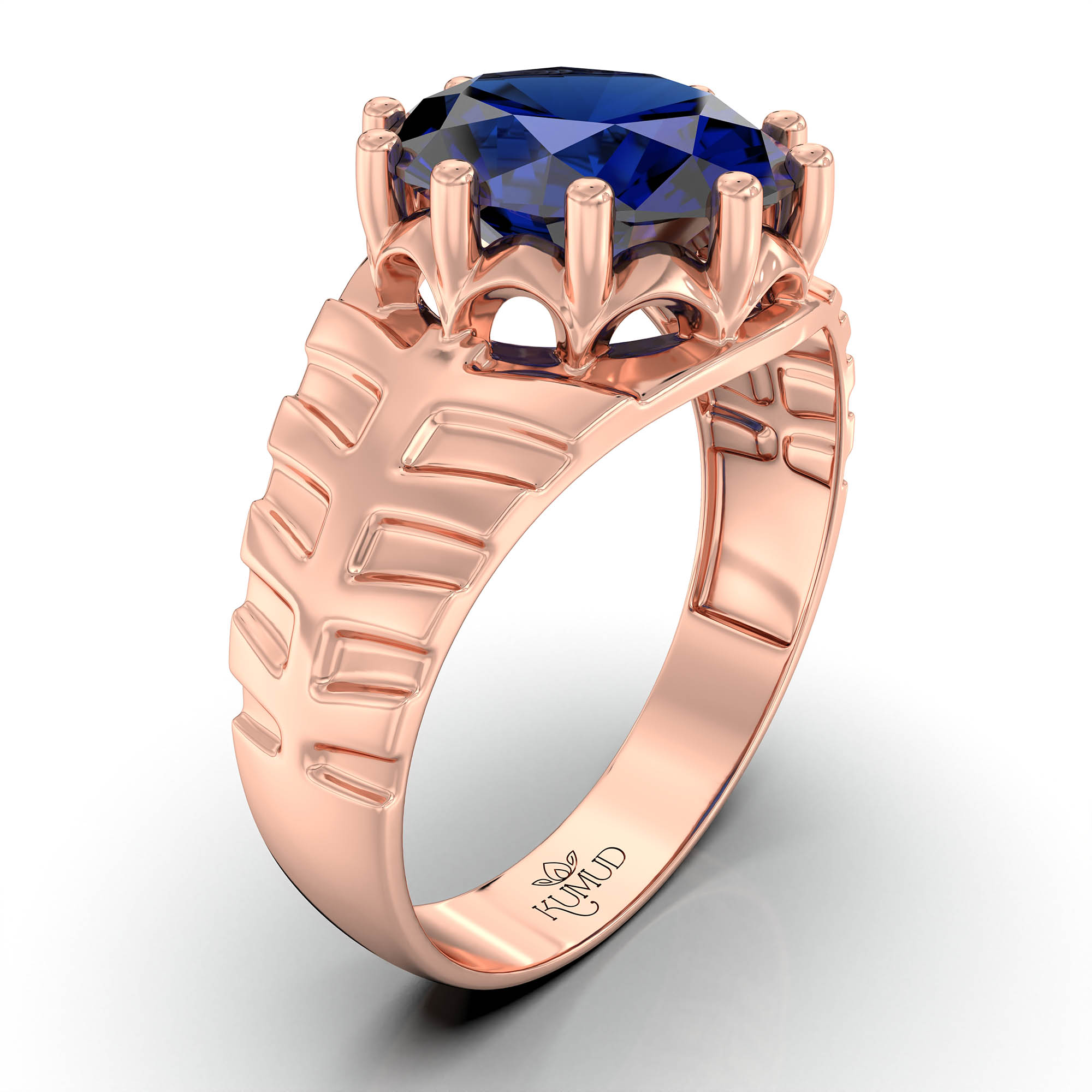 Blue Sapphire (Neelam) Ring for Men in 18K Rose Gold – Oval 11x9 mm, Prong Setting, 4 g (Design KF-11) thumbnail