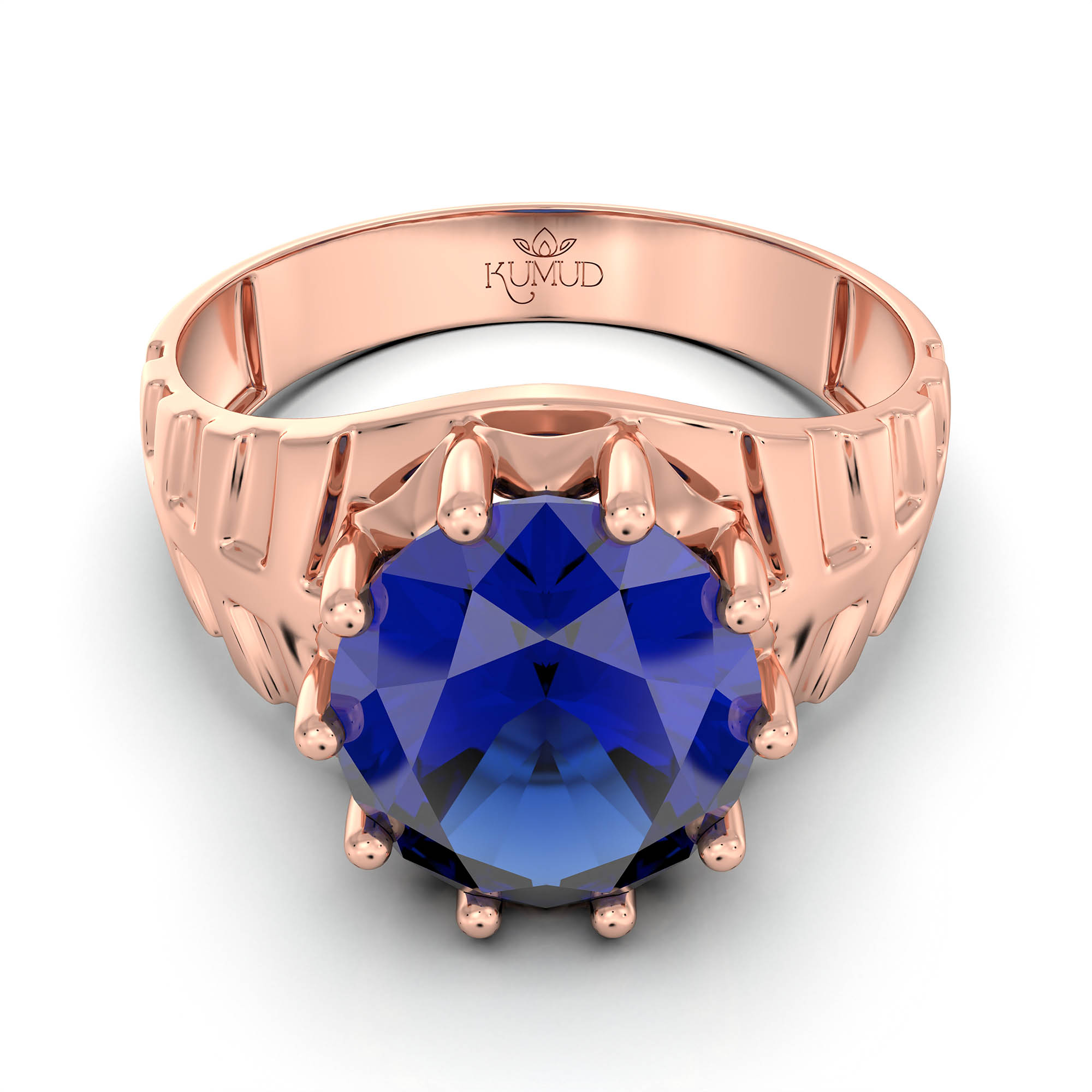 Blue Sapphire (Neelam) Ring for Men in 18K Rose Gold – Oval 11x9 mm, Prong Setting, 4 g (Design KF-11) thumbnail