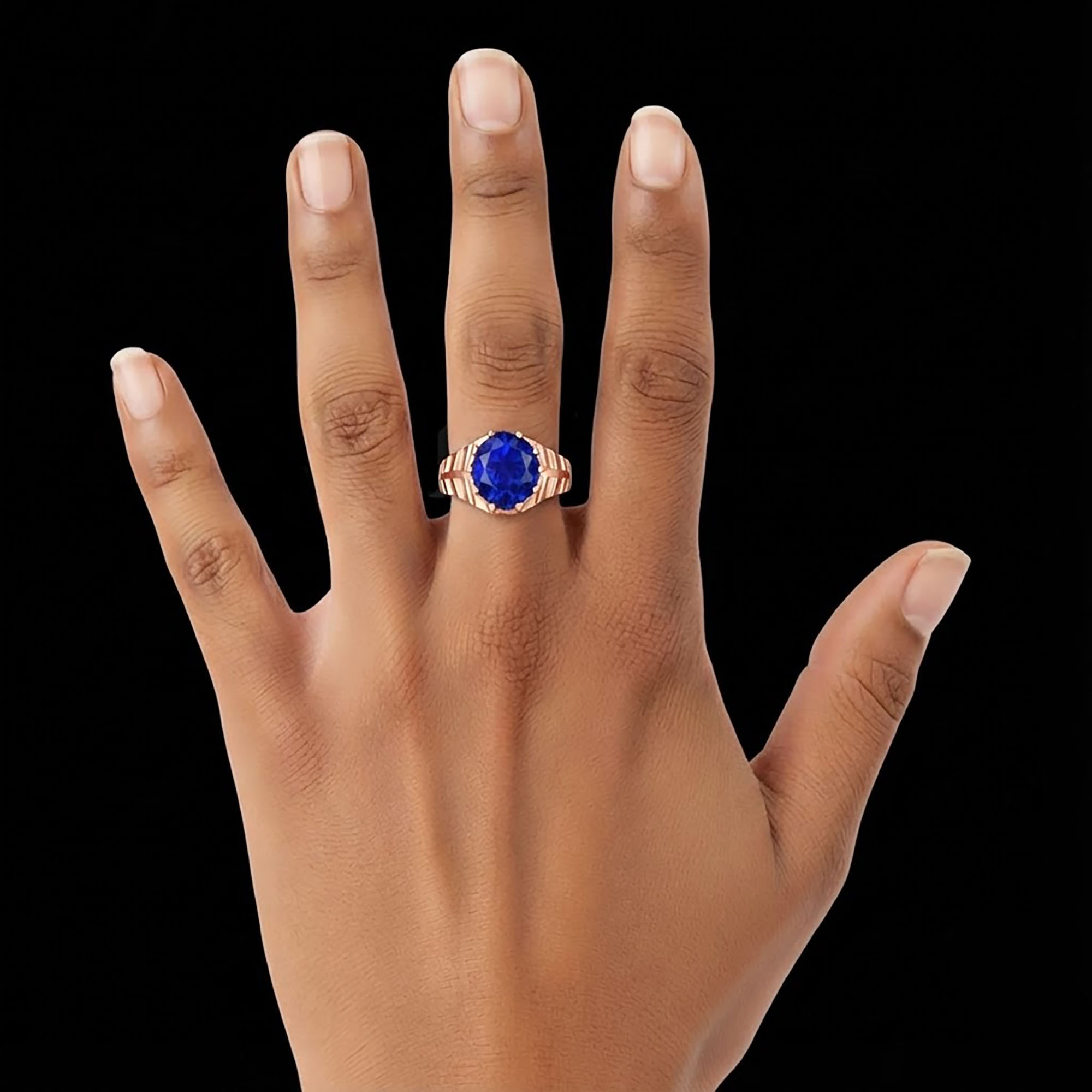 Blue Sapphire (Neelam) Ring for Men in 18K Rose Gold – Oval 11x9 mm, Prong Setting, 4 g (Design KF-11) thumbnail