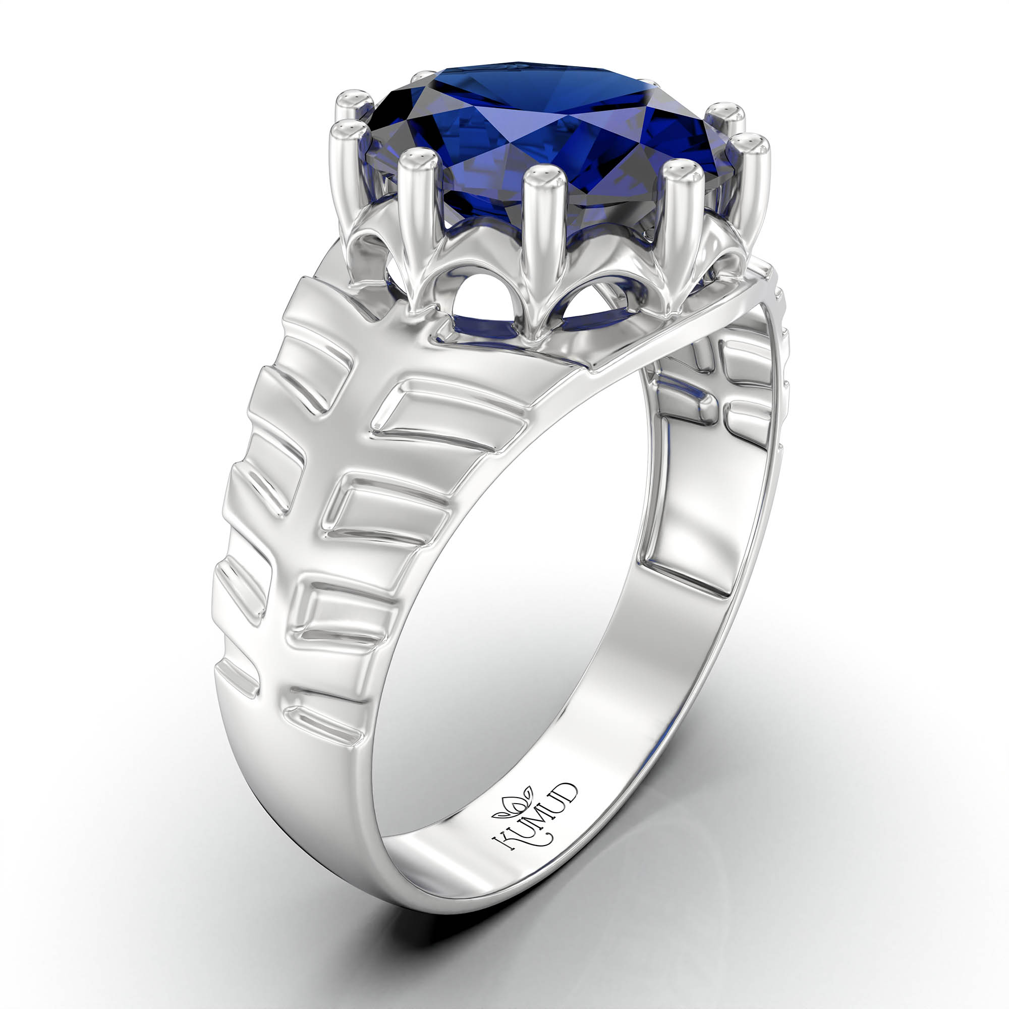Blue Sapphire (Neelam) Ring for Men in 18K White Gold – Oval 11x9 mm, Prong Setting, 4 g (Design KF-11) thumbnail