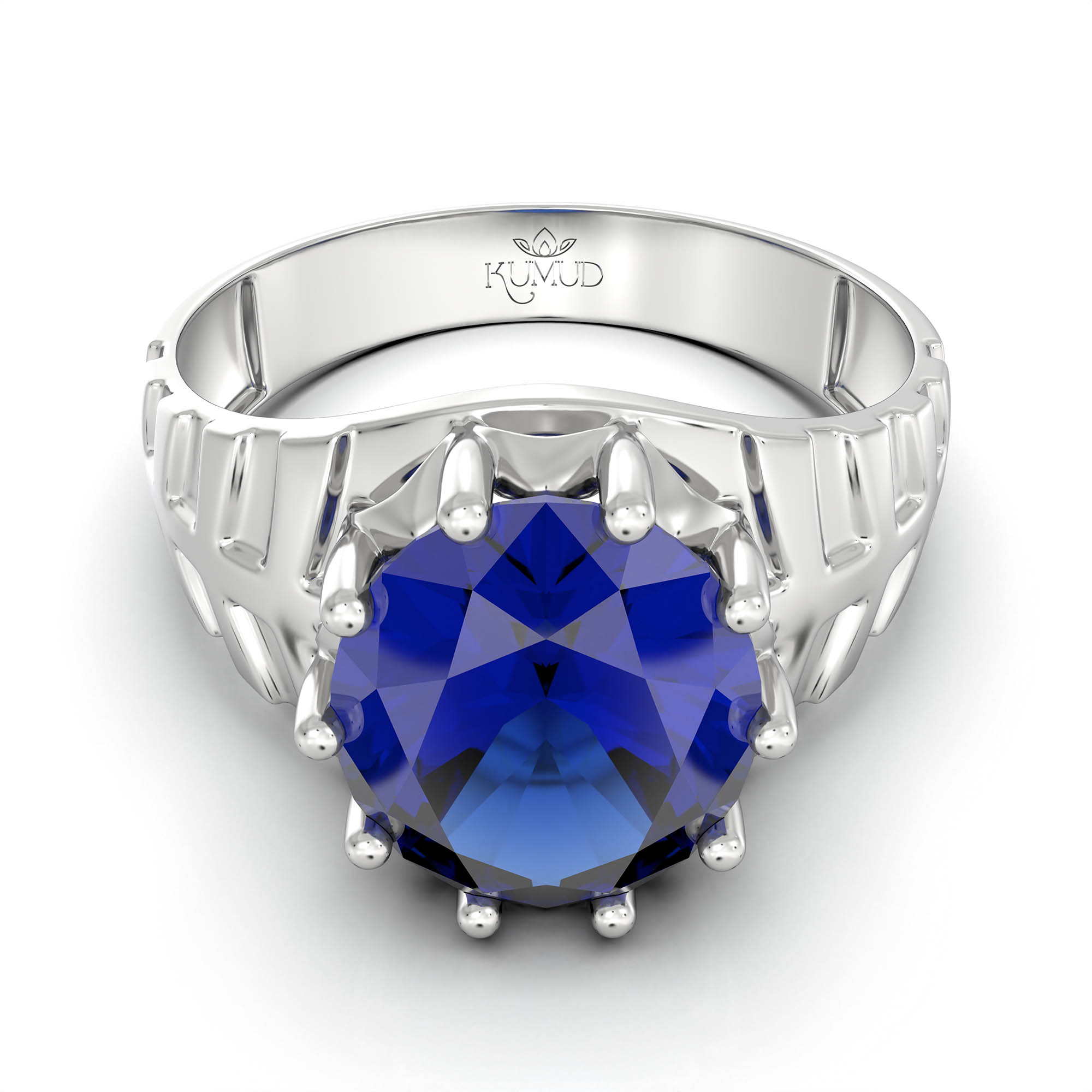 Blue Sapphire (Neelam) Ring for Men in 18K White Gold – Oval 11x9 mm, Prong Setting, 4 g (Design KF-11) thumbnail