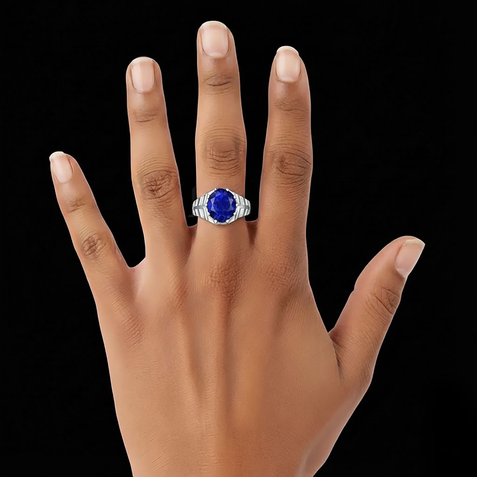 Blue Sapphire (Neelam) Ring for Men in 18K White Gold – Oval 11x9 mm, Prong Setting, 4 g (Design KF-11) thumbnail