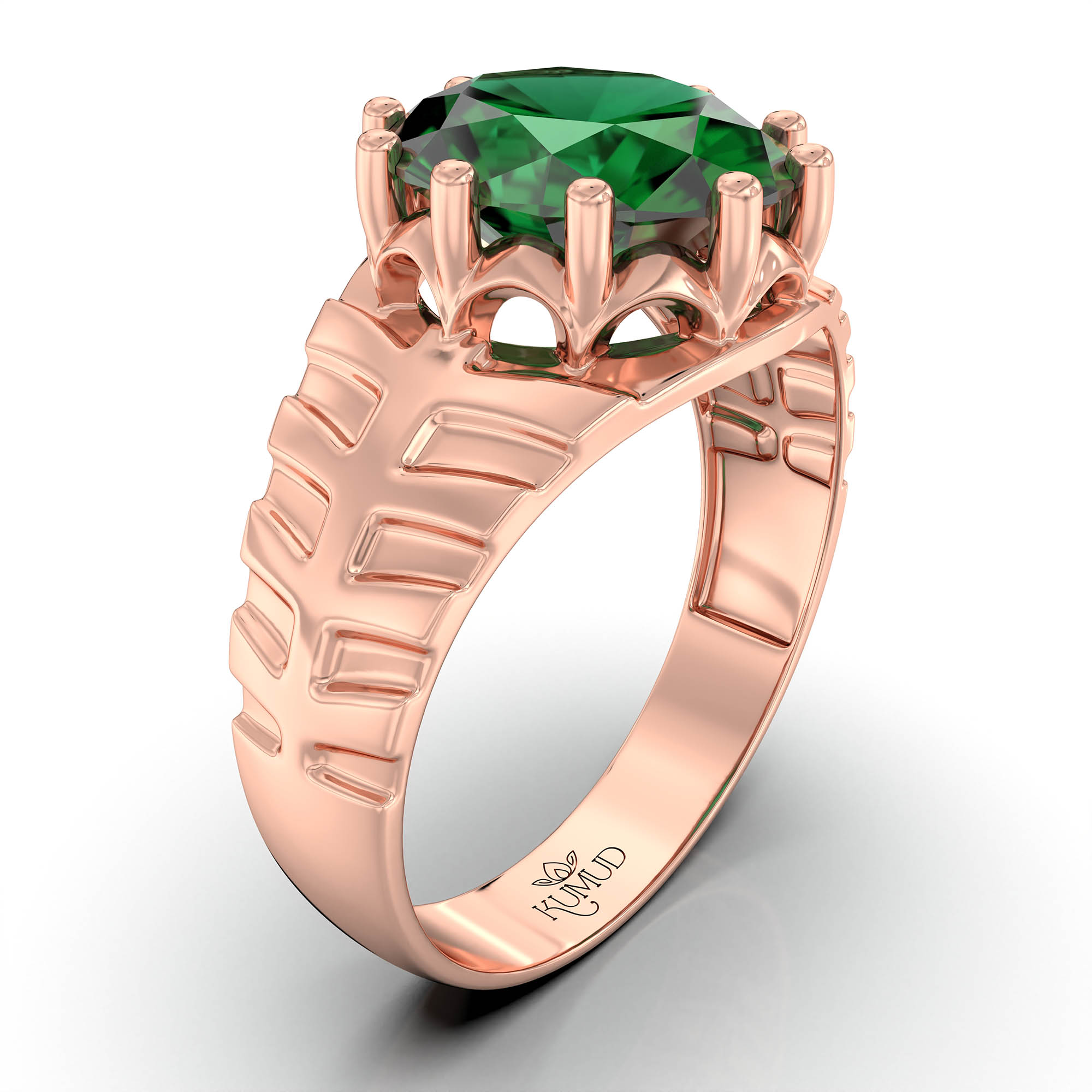 Emerald (Panna) Ring for Men in 18K Rose Gold – Oval 11x9 mm, Prong Setting, 4 g (Design KF-11) thumbnail