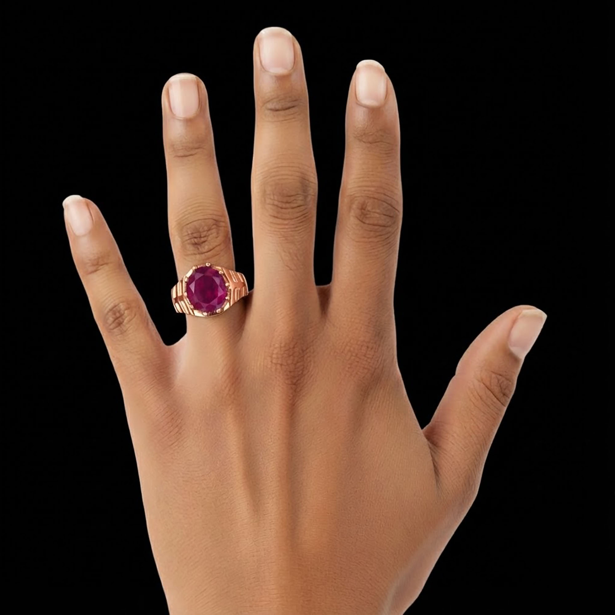 Ruby (Manik) Ring for Men in 18K Rose Gold – Oval 11x9 mm, Prong Setting, 4 g (Design KF-11) thumbnail