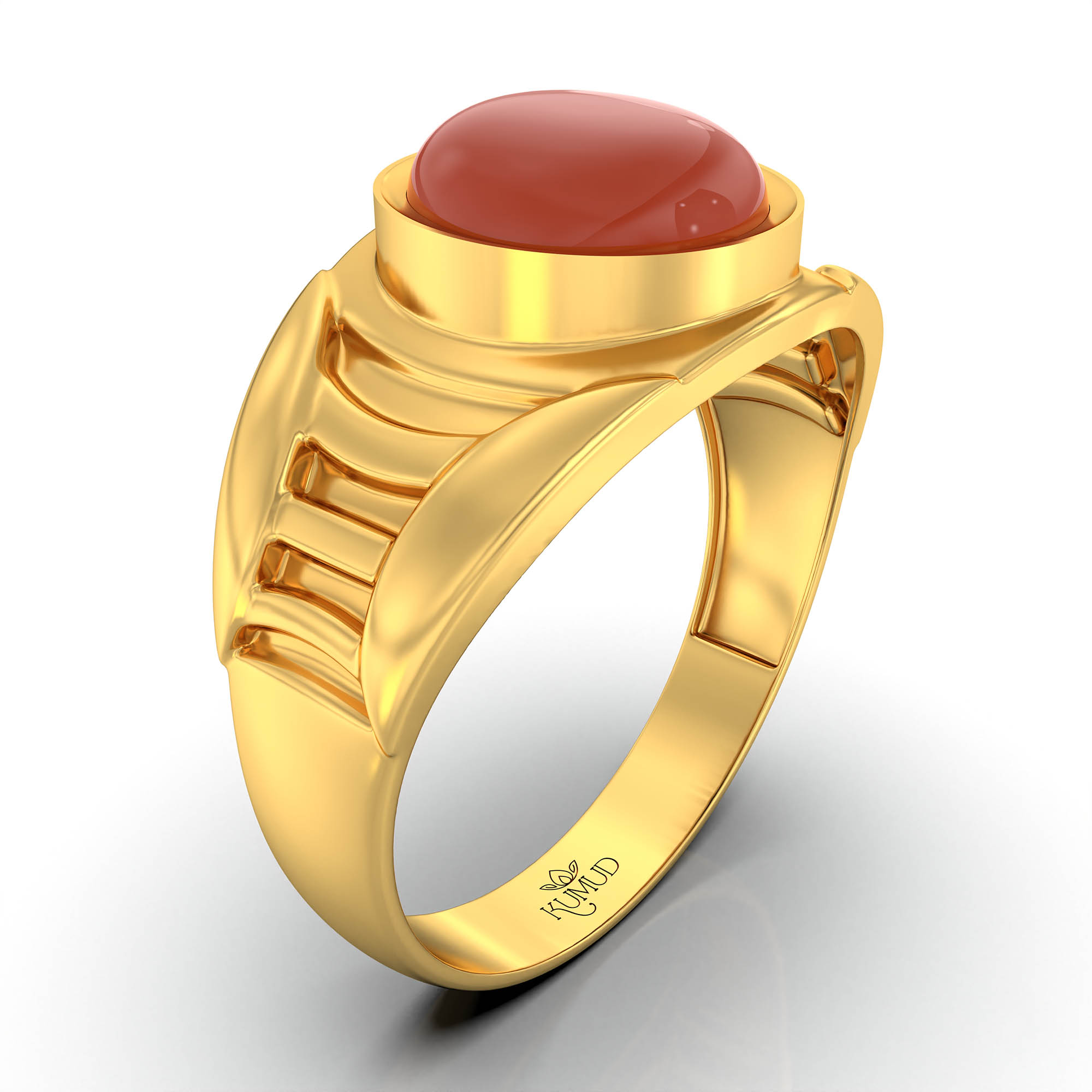 Red Coral (Moonga) Ring for Men in 22K Yellow Gold – Oval Cabochon 9x8 mm, Bezel Setting, 4 g (Design KF-12) thumbnail