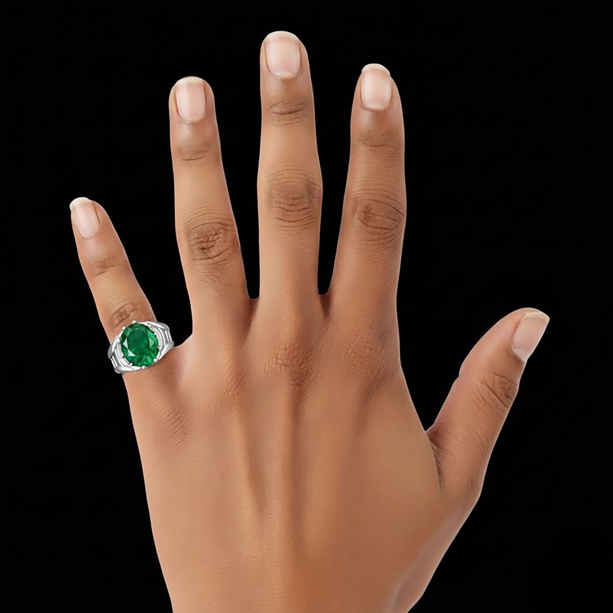 Emerald (Panna) Ring for Women in 925 Sterling Silver – Oval 11x9 mm, Prong Setting, 2.4 g (Design KF-12) thumbnail
