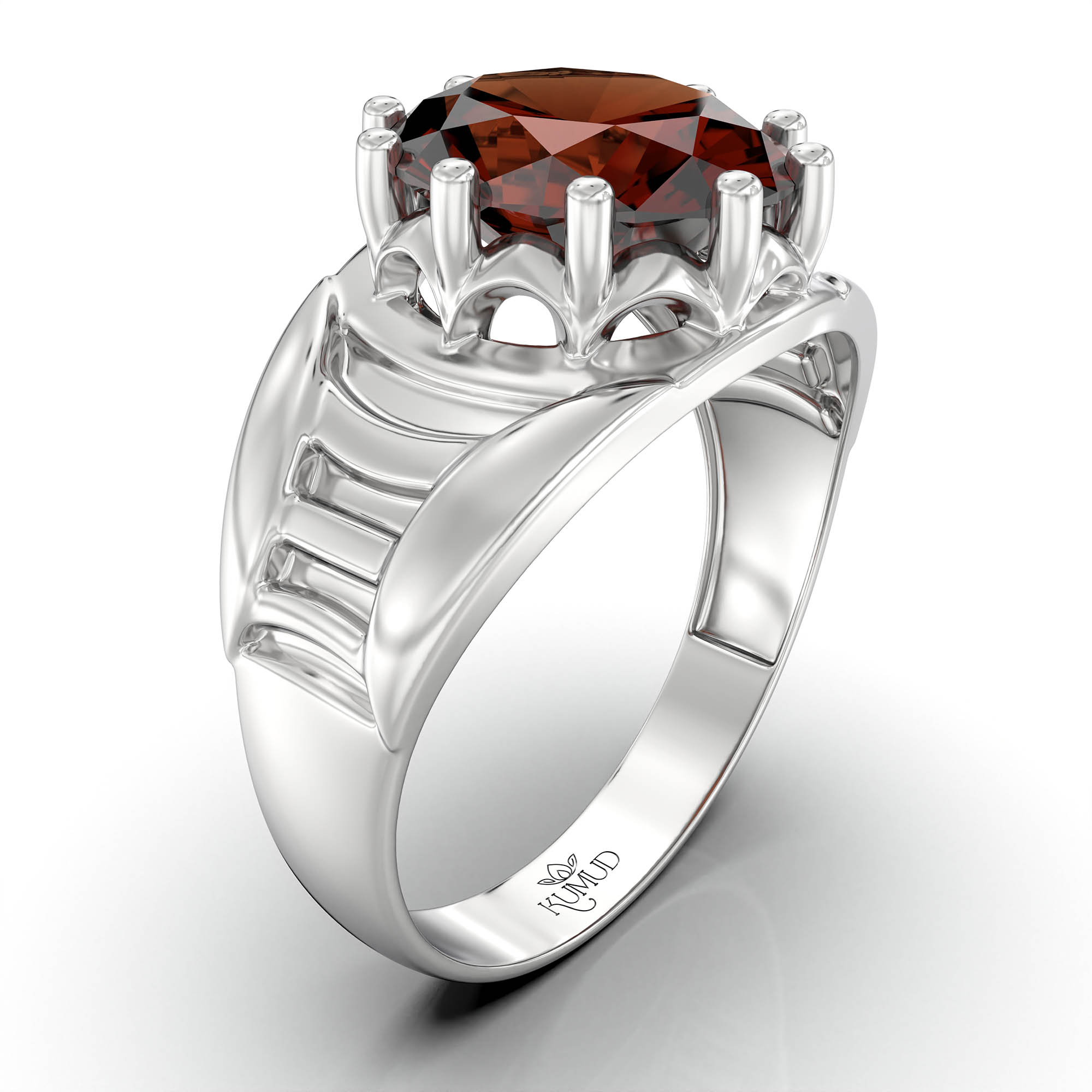 Hessonite (Gomed) Ring for Men in 18K White Gold – Oval 11x9 mm, Prong Setting, 4 g (Design KF-12) thumbnail
