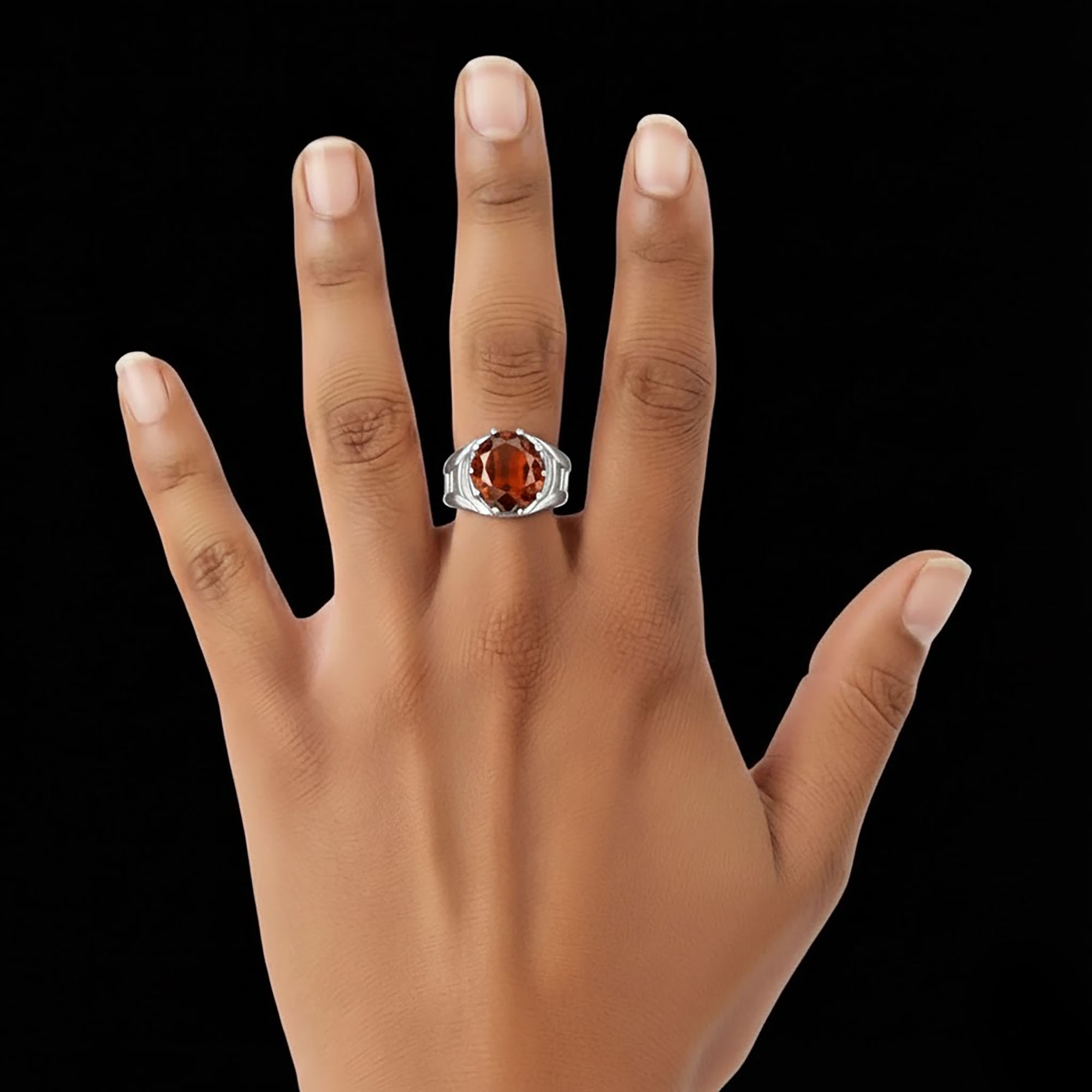 Hessonite (Gomed) Ring for Men in 18K White Gold – Oval 11x9 mm, Prong Setting, 4 g (Design KF-12) thumbnail