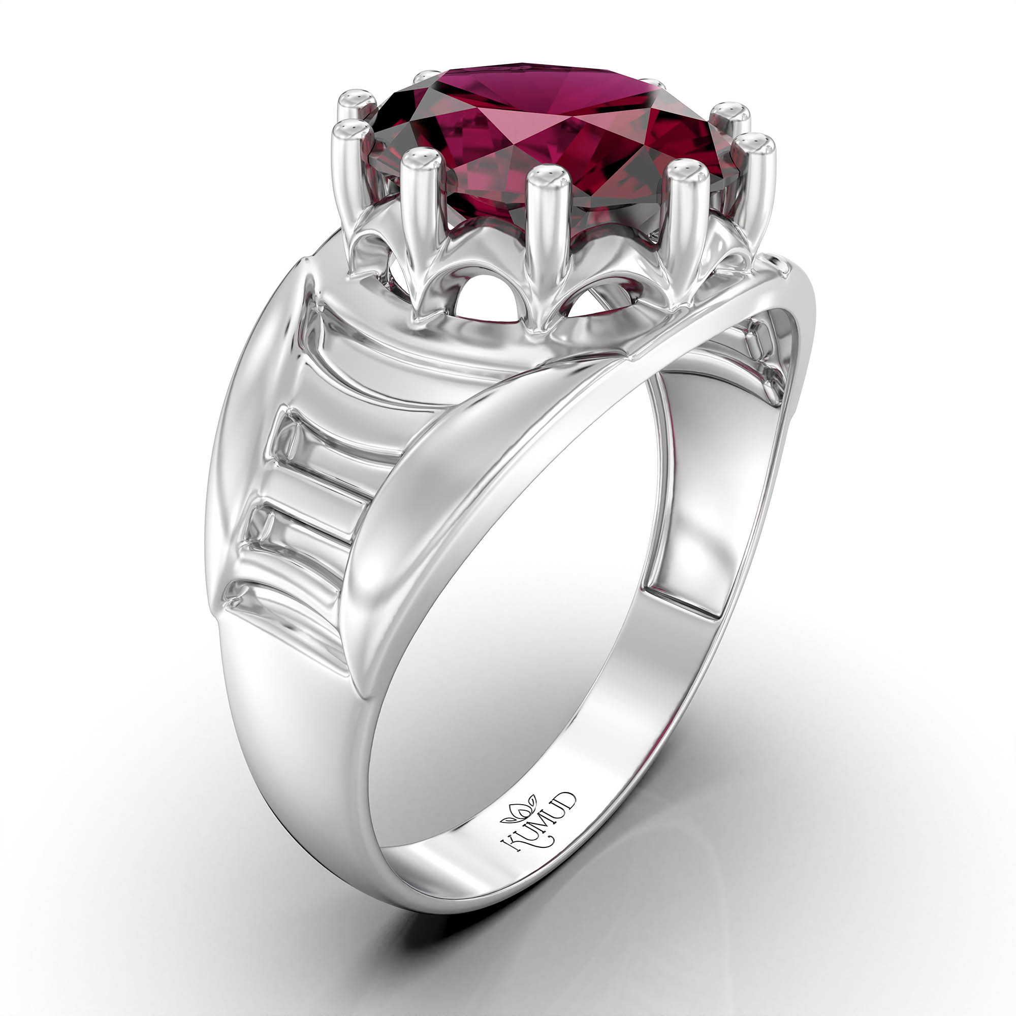 Ruby (Manik) Ring for Men in 18K White Gold – Oval 11x9 mm, Prong Setting, 4 g (Design KF-12) thumbnail