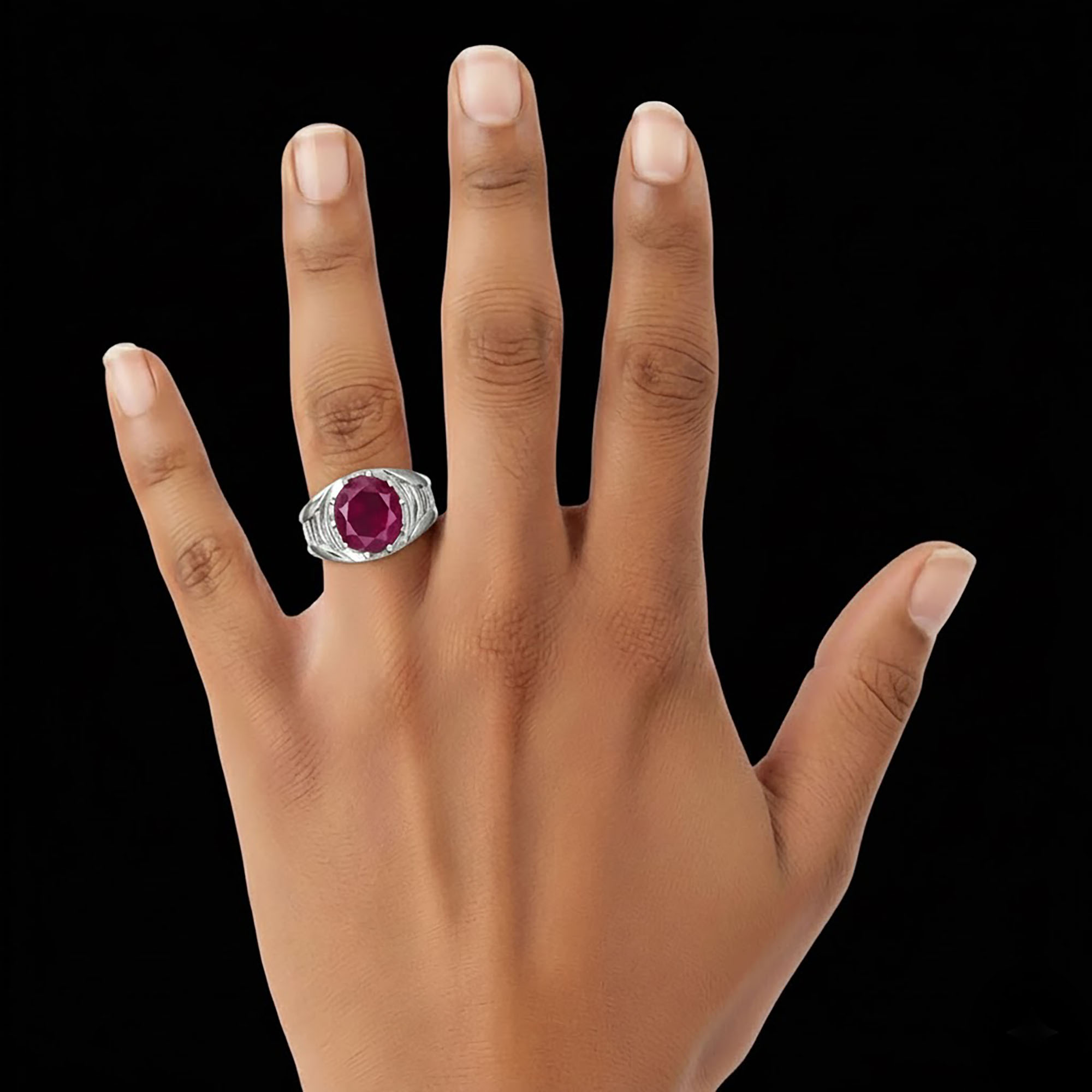 Ruby (Manik) Ring for Men in 18K White Gold – Oval 11x9 mm, Prong Setting, 4 g (Design KF-12) thumbnail