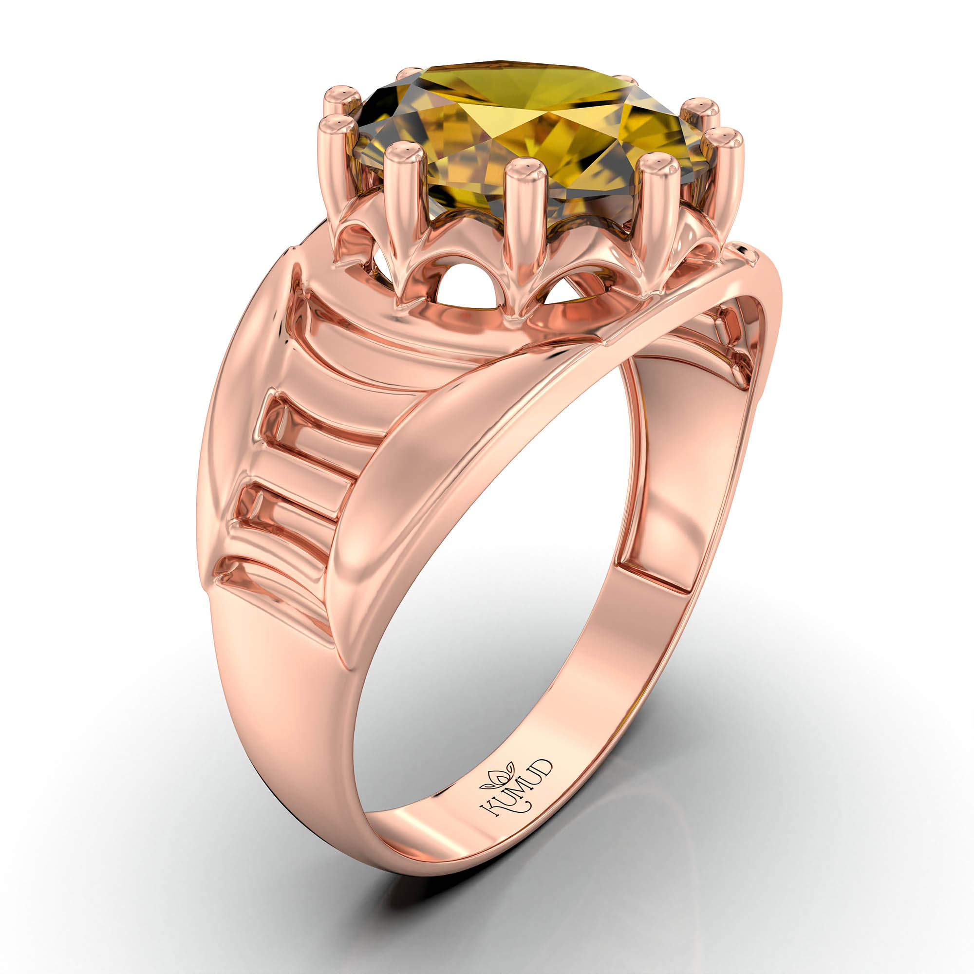 Yellow Sapphire (Pukhraj) Ring for Men in 18K Rose Gold – Oval 11x9 mm, Prong Setting, 4 g (Design KF-12) thumbnail