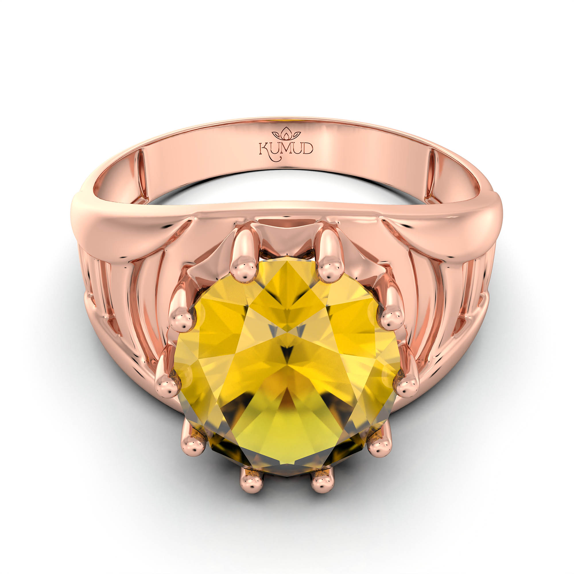 Yellow Sapphire (Pukhraj) Ring for Men in 18K Rose Gold – Oval 11x9 mm, Prong Setting, 4 g (Design KF-12) thumbnail