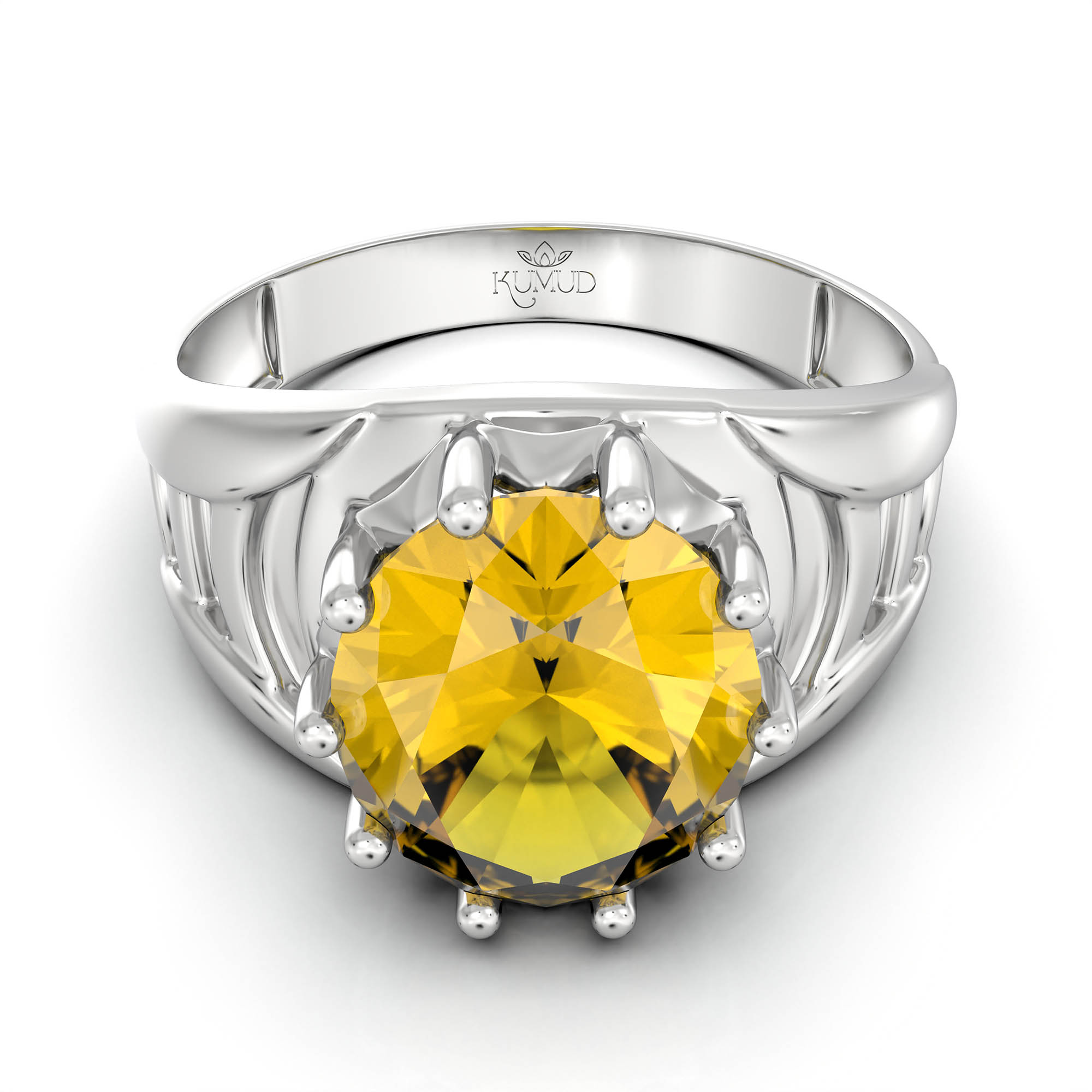 Yellow Sapphire (Pukhraj) Ring for Men in 18K White Gold – Oval 11x9 mm, Prong Setting, 4 g (Design KF-12) thumbnail
