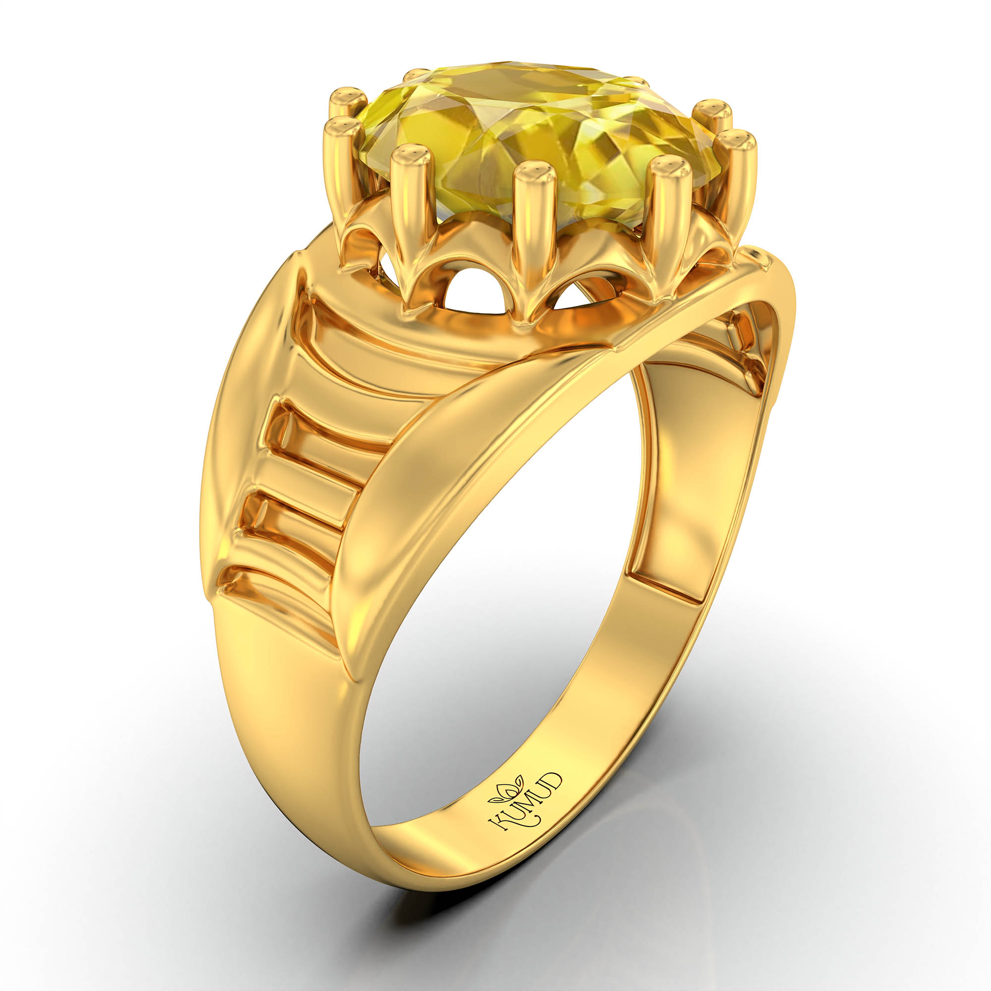 Yellow Sapphire (Pukhraj) Ring for Men in 22K Yellow Gold – Oval 11x9 mm, Prong Setting, 4 g (Design KF-12) thumbnail