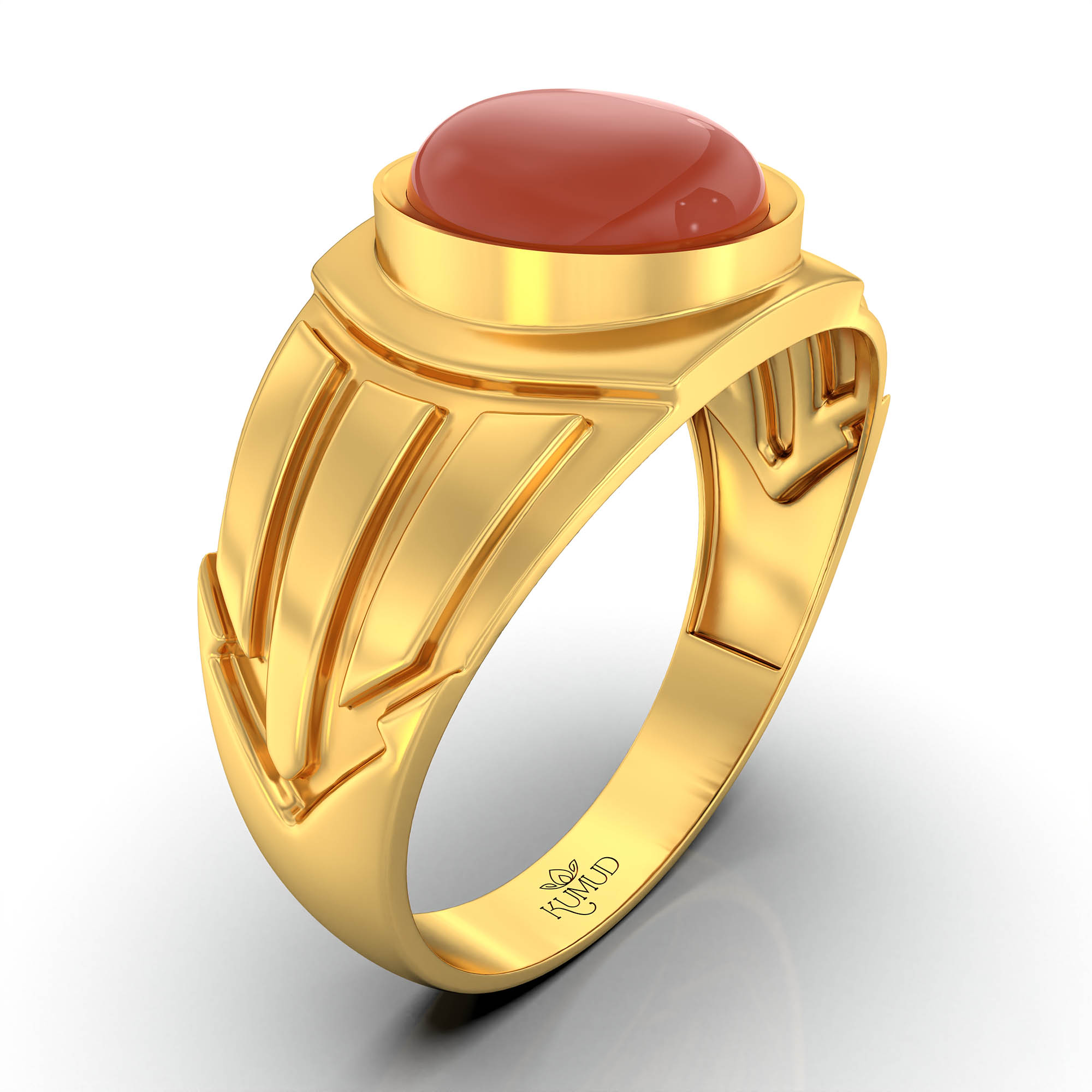 Red Coral (Moonga) Ring for Men in 22K Yellow Gold – Oval Cabochon 9x8 mm, Bezel Setting, 4 g (Design KF-13) thumbnail