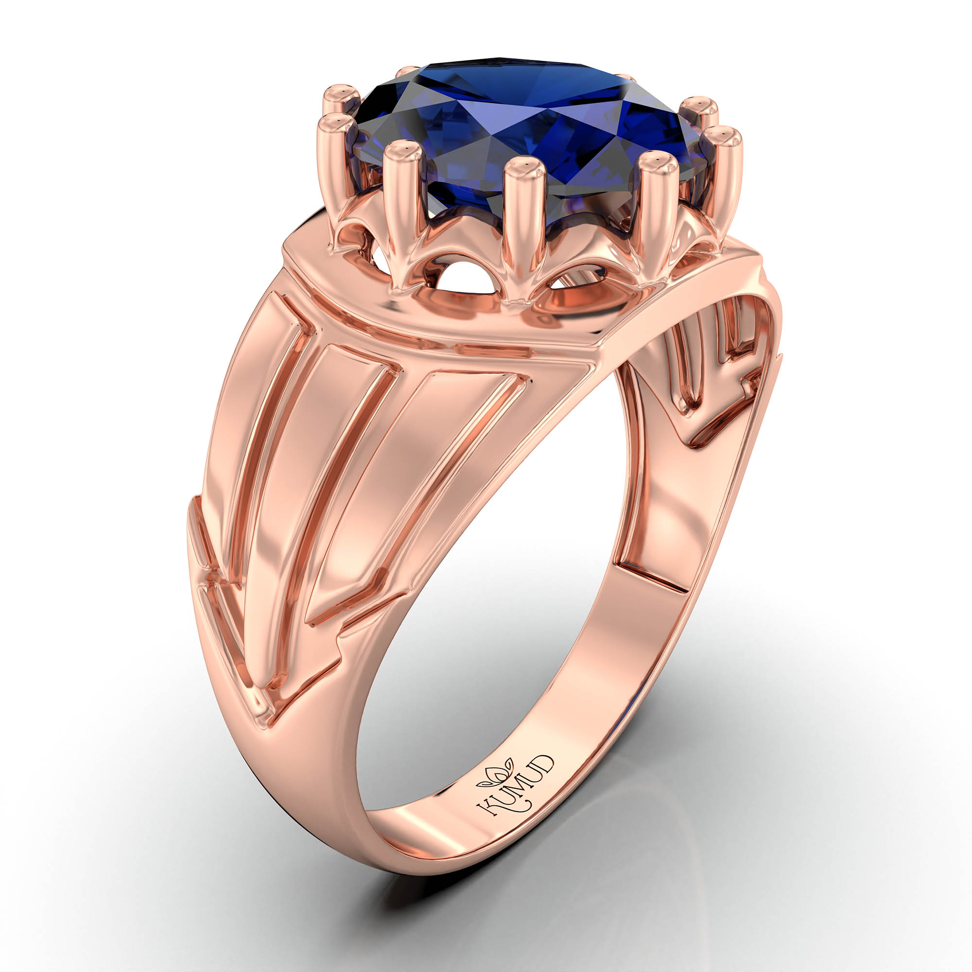 Blue Sapphire (Neelam) Ring for Men in 18K Rose Gold – Oval 11x9 mm, Prong Setting, 4 g (Design KF-13) thumbnail