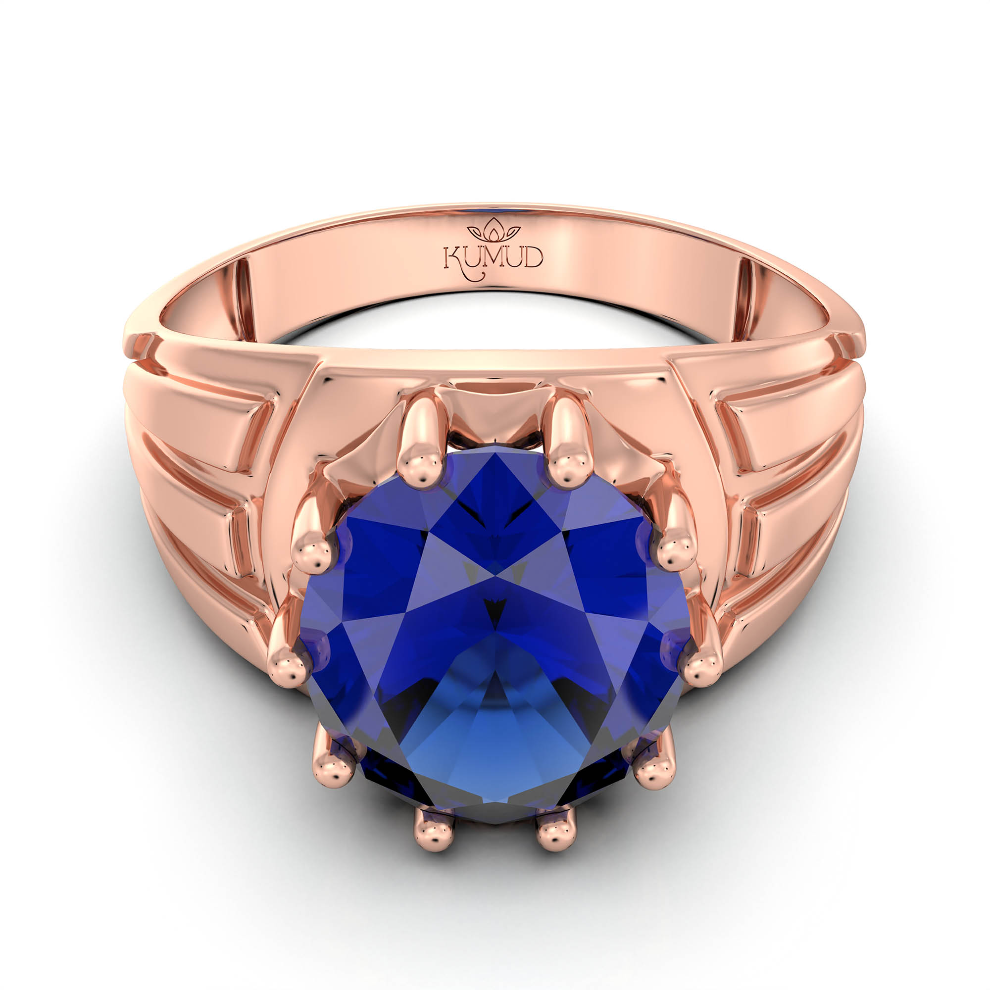 Blue Sapphire (Neelam) Ring for Men in 18K Rose Gold – Oval 11x9 mm, Prong Setting, 4 g (Design KF-13) thumbnail