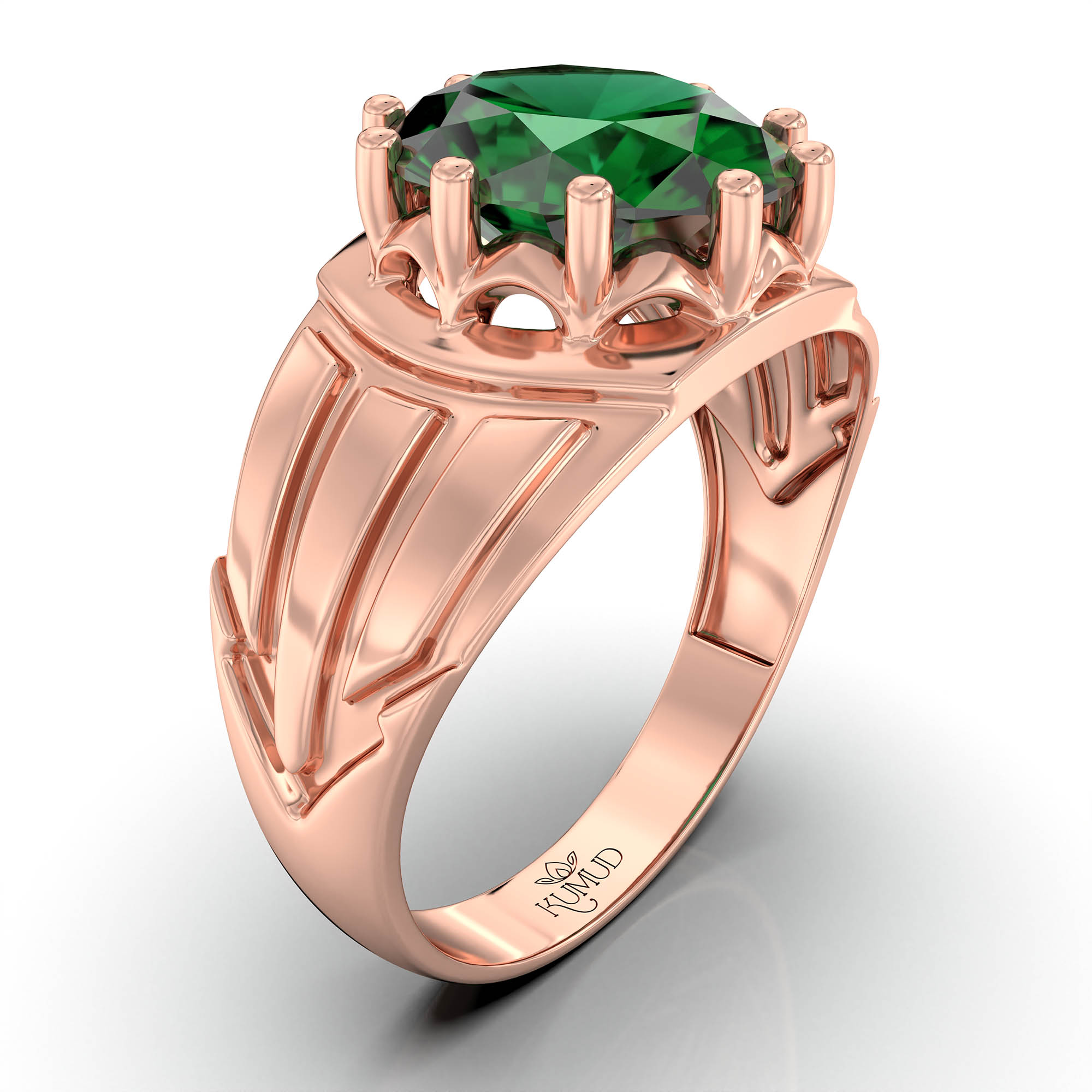 Emerald (Panna) Ring for Men in 18K Rose Gold – Oval 11x9 mm, Prong Setting, 4 g (Design KF-13) thumbnail