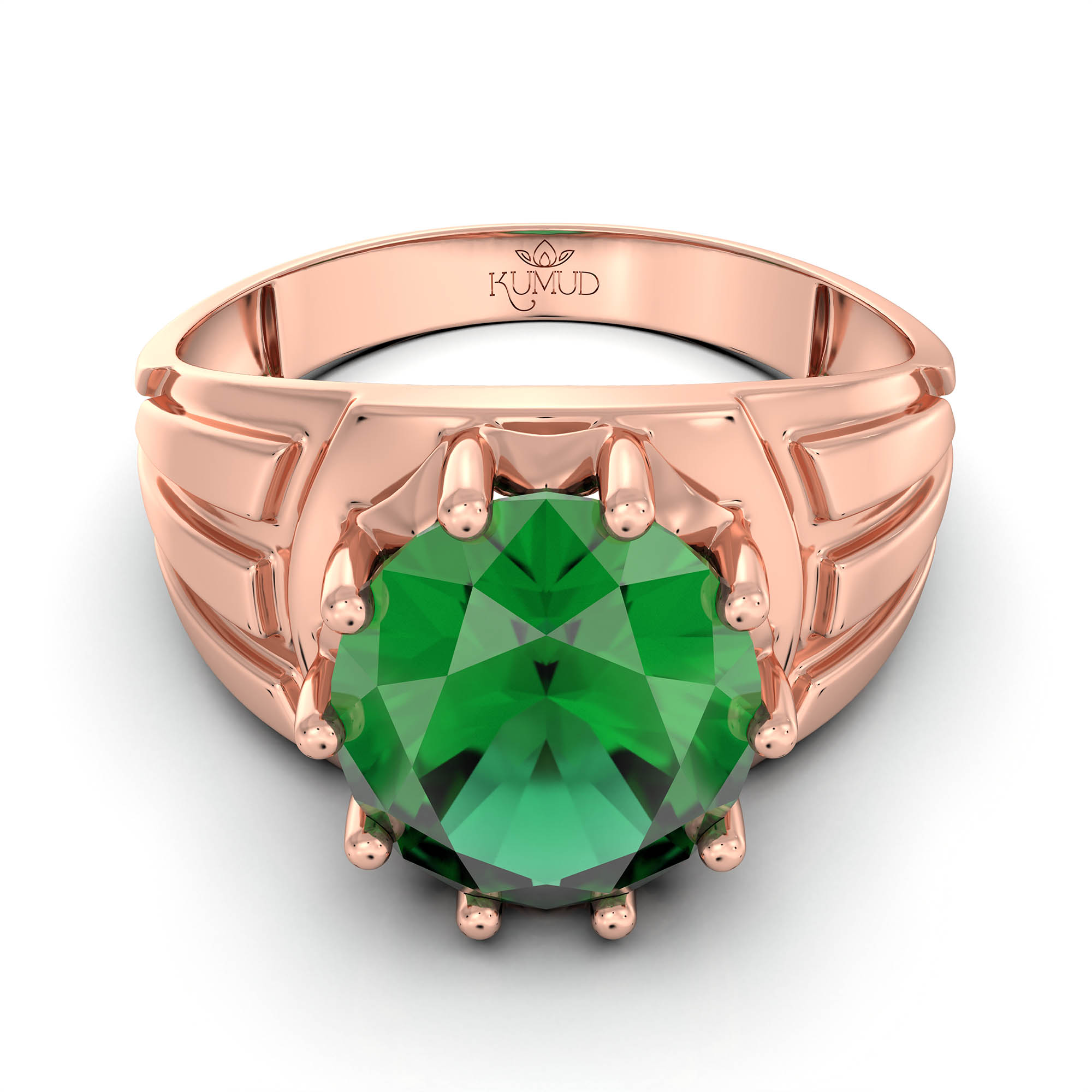 Emerald (Panna) Ring for Men in 18K Rose Gold – Oval 11x9 mm, Prong Setting, 4 g (Design KF-13) thumbnail