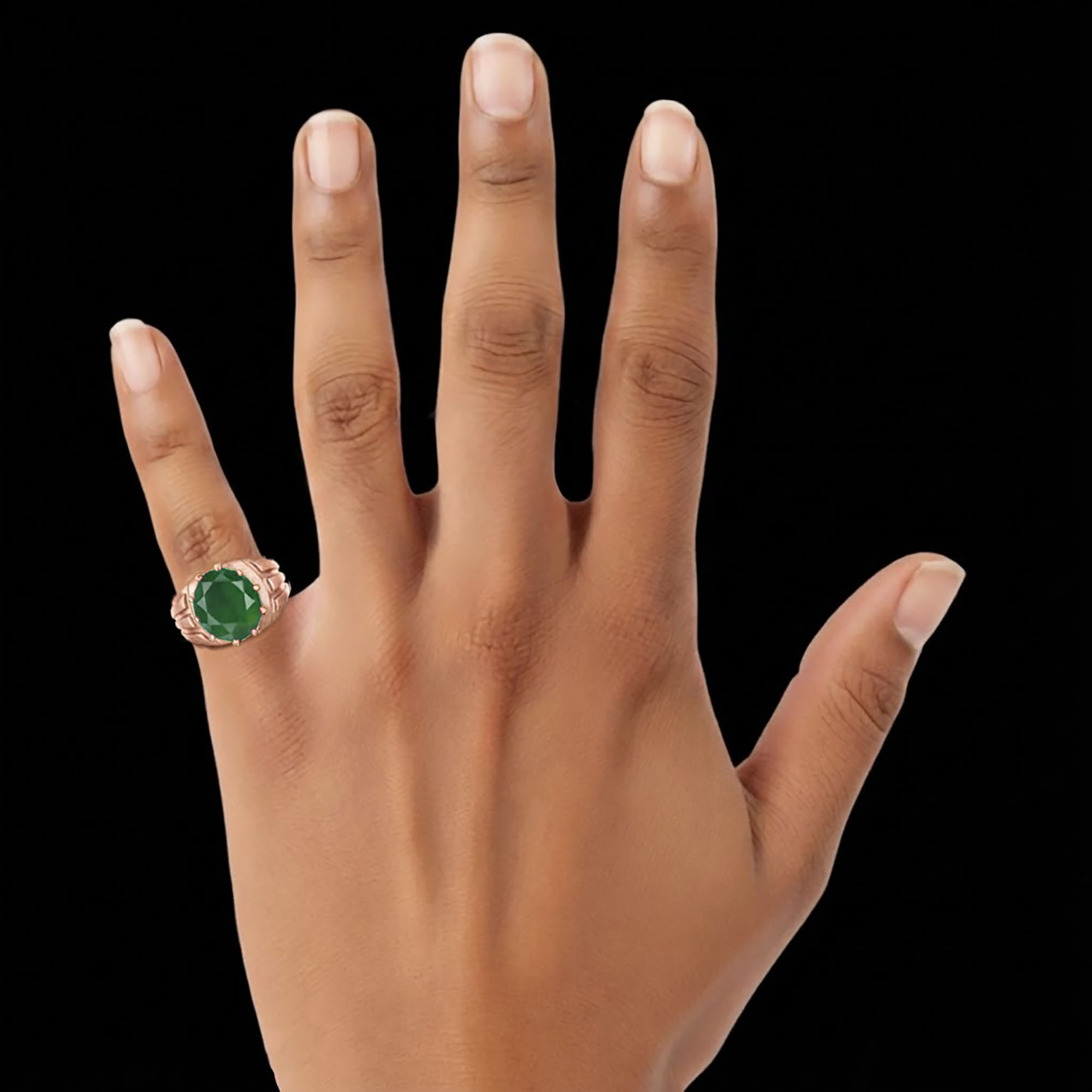Emerald (Panna) Ring for Men in 18K Rose Gold – Oval 11x9 mm, Prong Setting, 4 g (Design KF-13) thumbnail