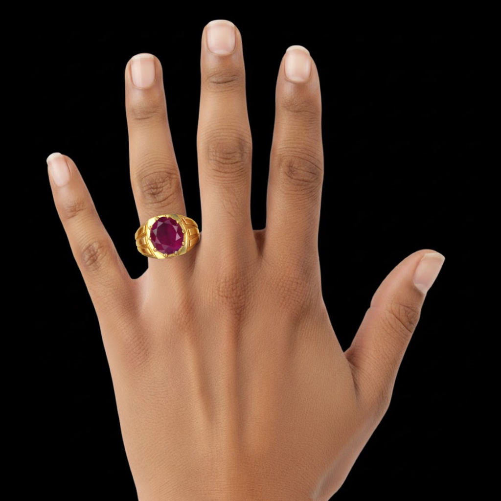 Ruby (Manik) Ring for Men in 22K Yellow Gold – Oval 11x9 mm, Prong Setting, 4 g (Design KF-13) thumbnail