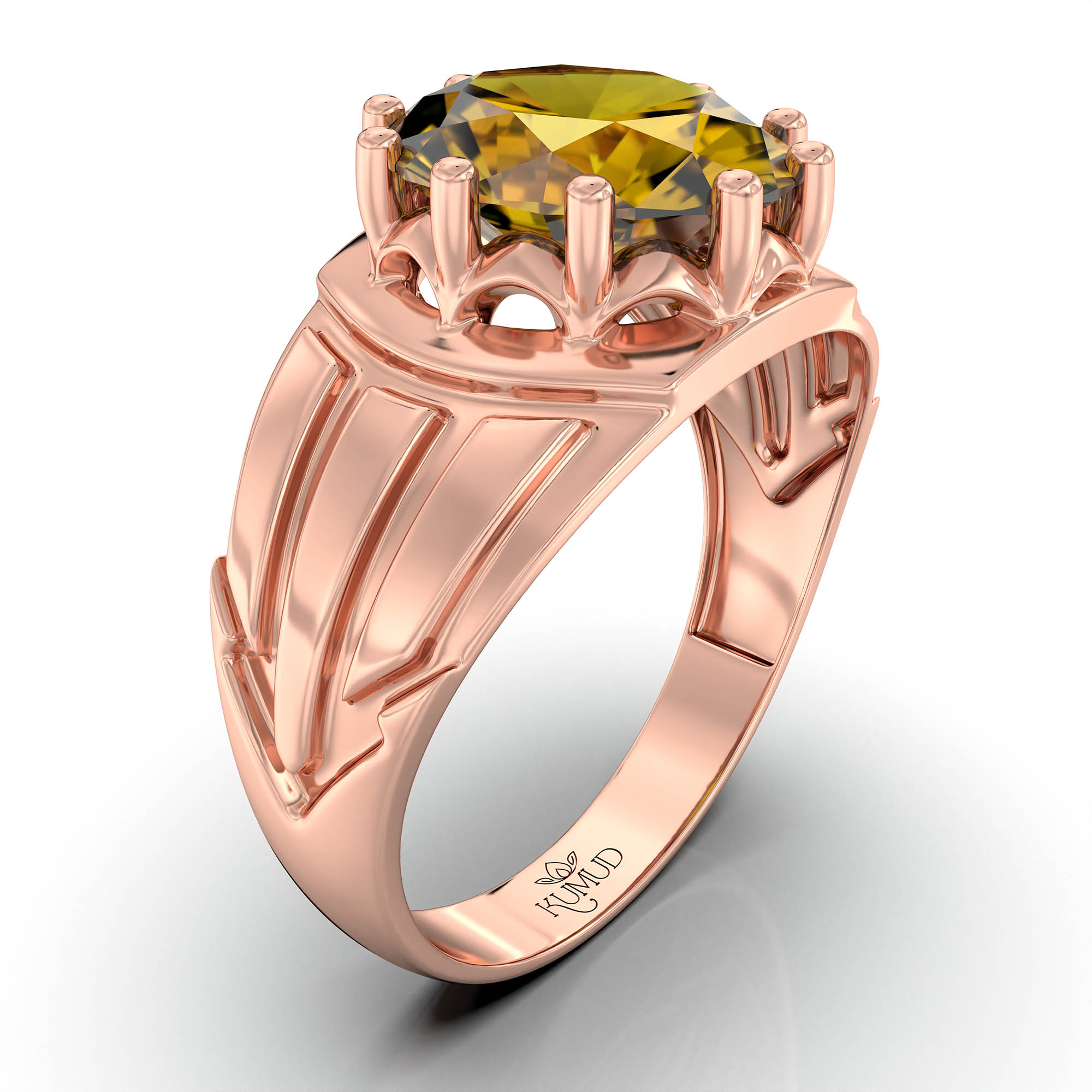 Yellow Sapphire (Pukhraj) Ring for Men in 18K Rose Gold – Oval 11x9 mm, Prong Setting, 4 g (Design KF-13) thumbnail