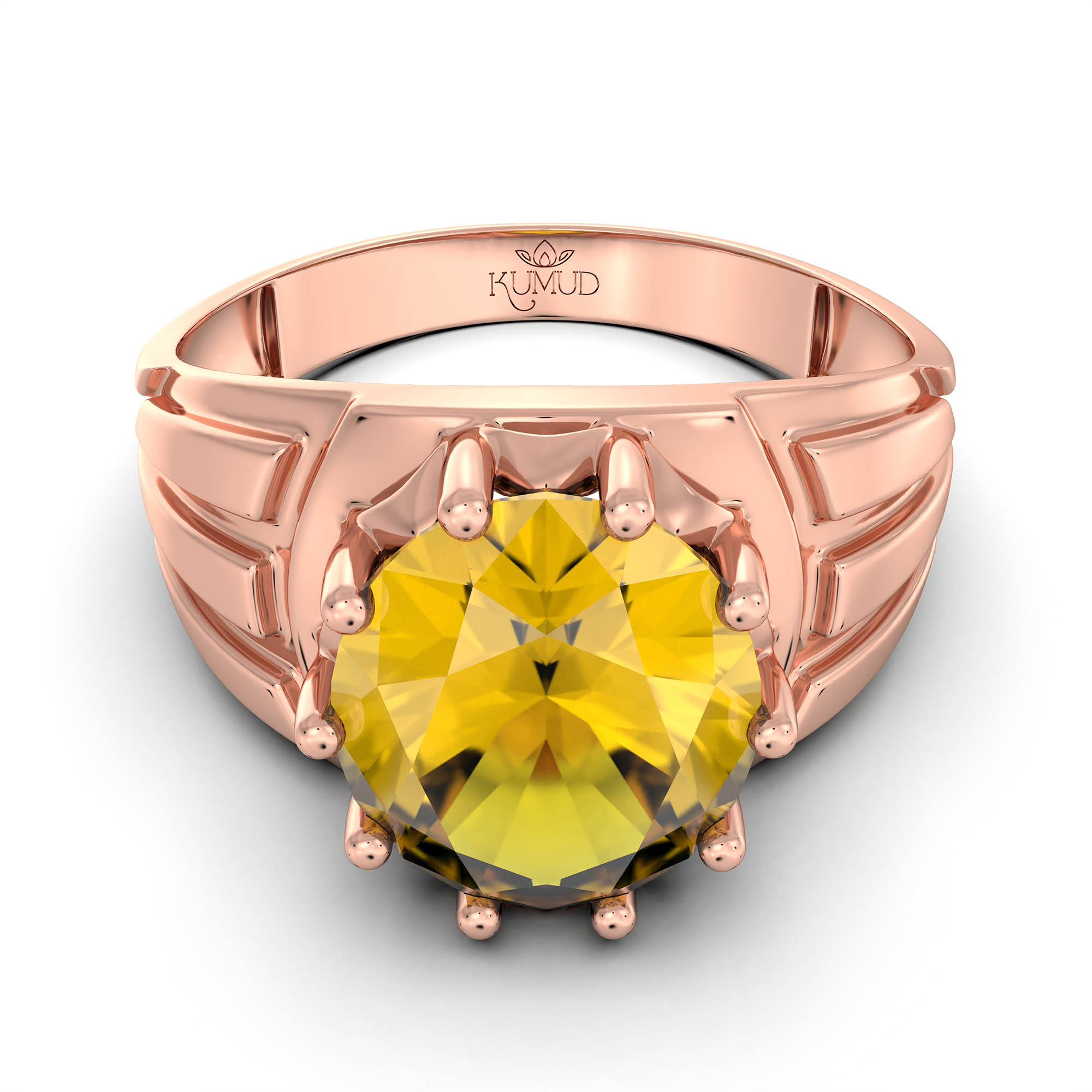 Yellow Sapphire (Pukhraj) Ring for Men in 18K Rose Gold – Oval 11x9 mm, Prong Setting, 4 g (Design KF-13) thumbnail