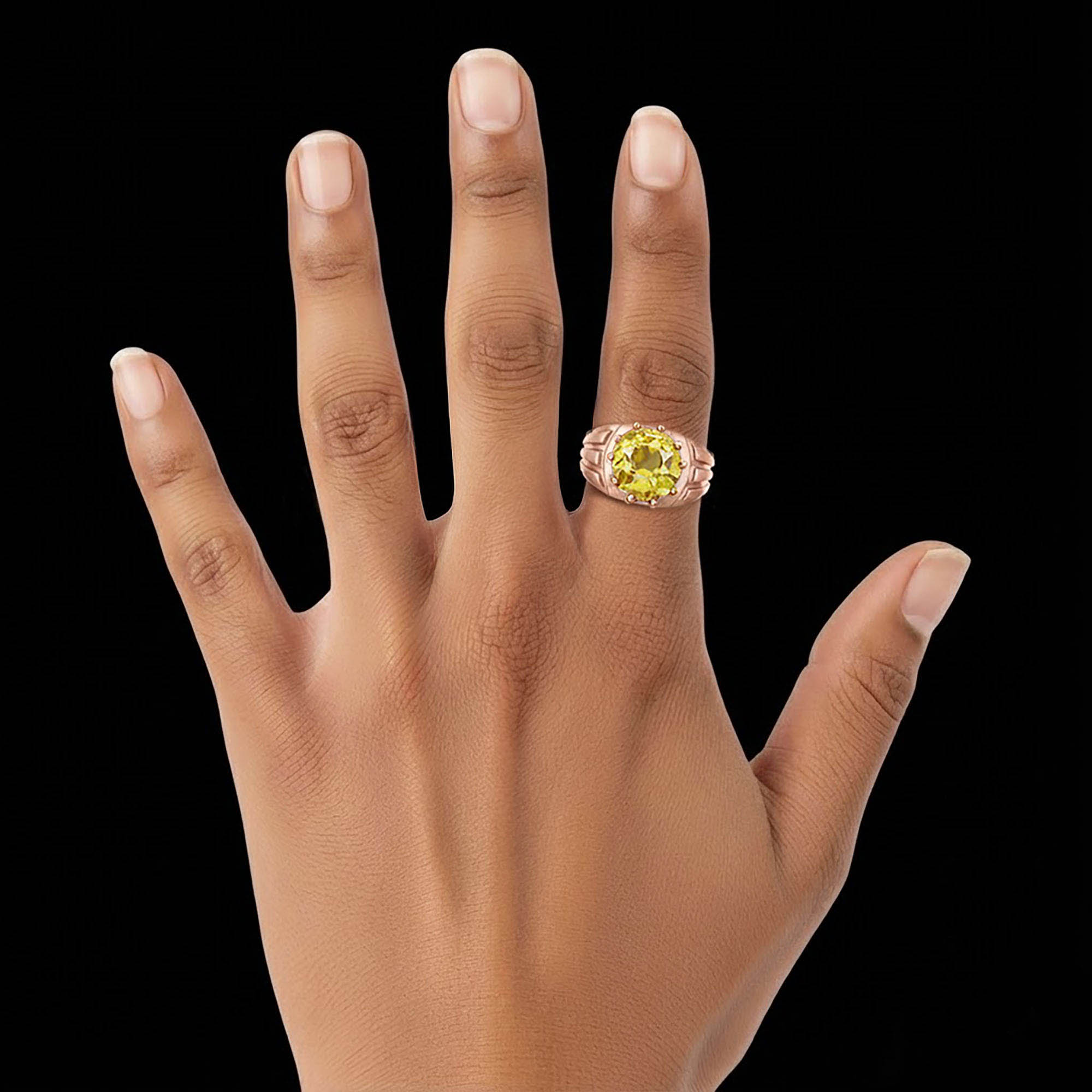 Yellow Sapphire (Pukhraj) Ring for Men in 18K Rose Gold – Oval 11x9 mm, Prong Setting, 4 g (Design KF-13) thumbnail