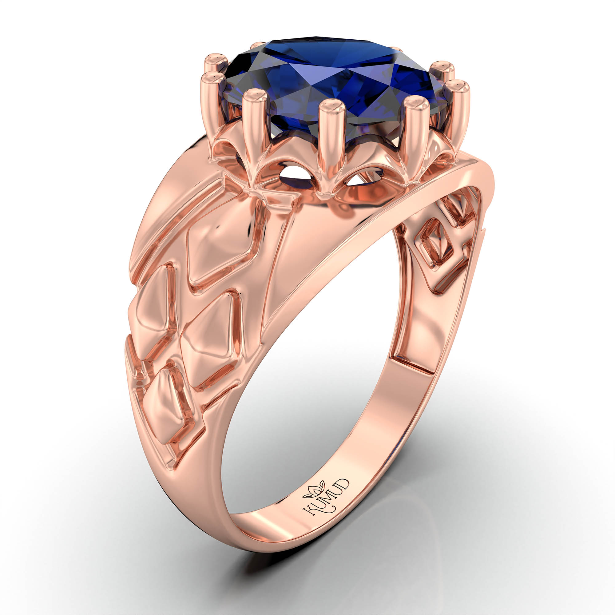 Blue Sapphire (Neelam) Ring for Men in 18K Rose Gold – Oval 11x9 mm, Prong Setting, 4 g (Design KF-14) thumbnail