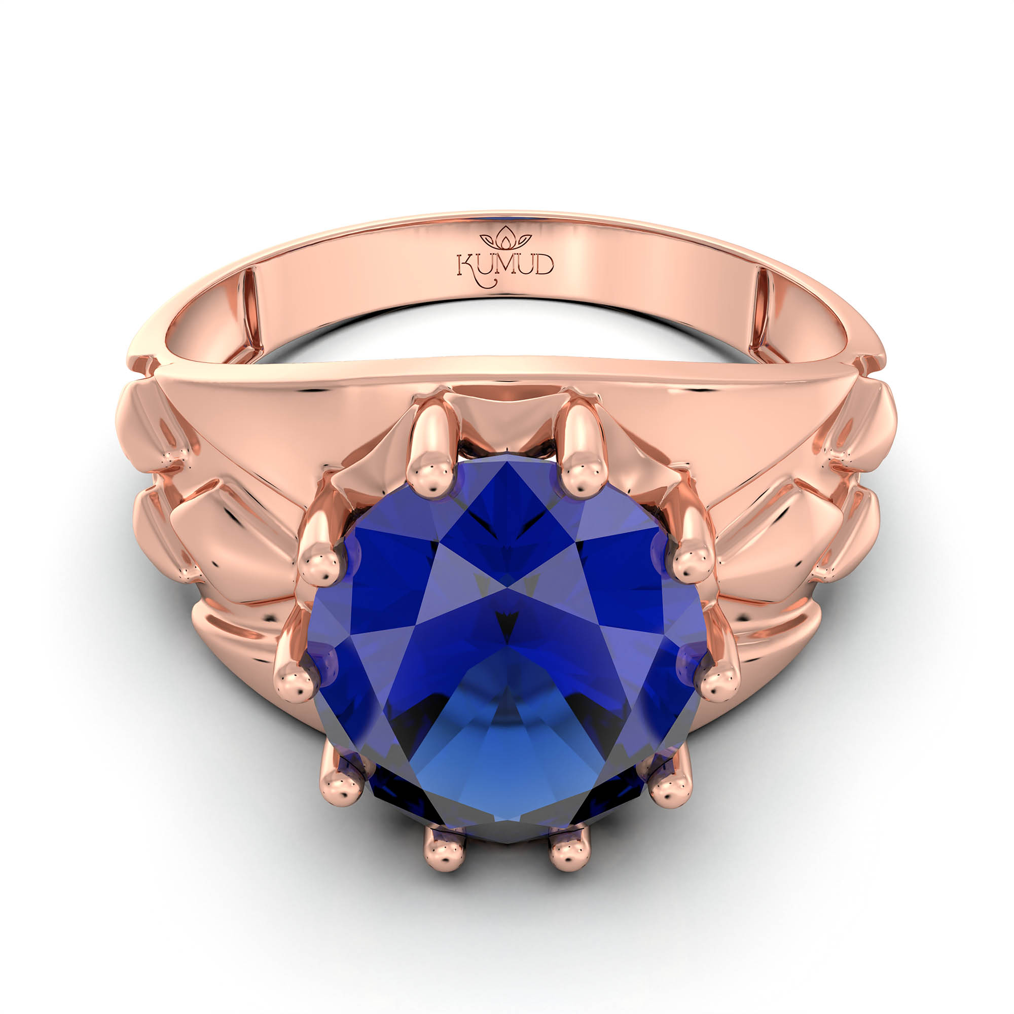Blue Sapphire (Neelam) Ring for Men in 18K Rose Gold – Oval 11x9 mm, Prong Setting, 4 g (Design KF-14) thumbnail