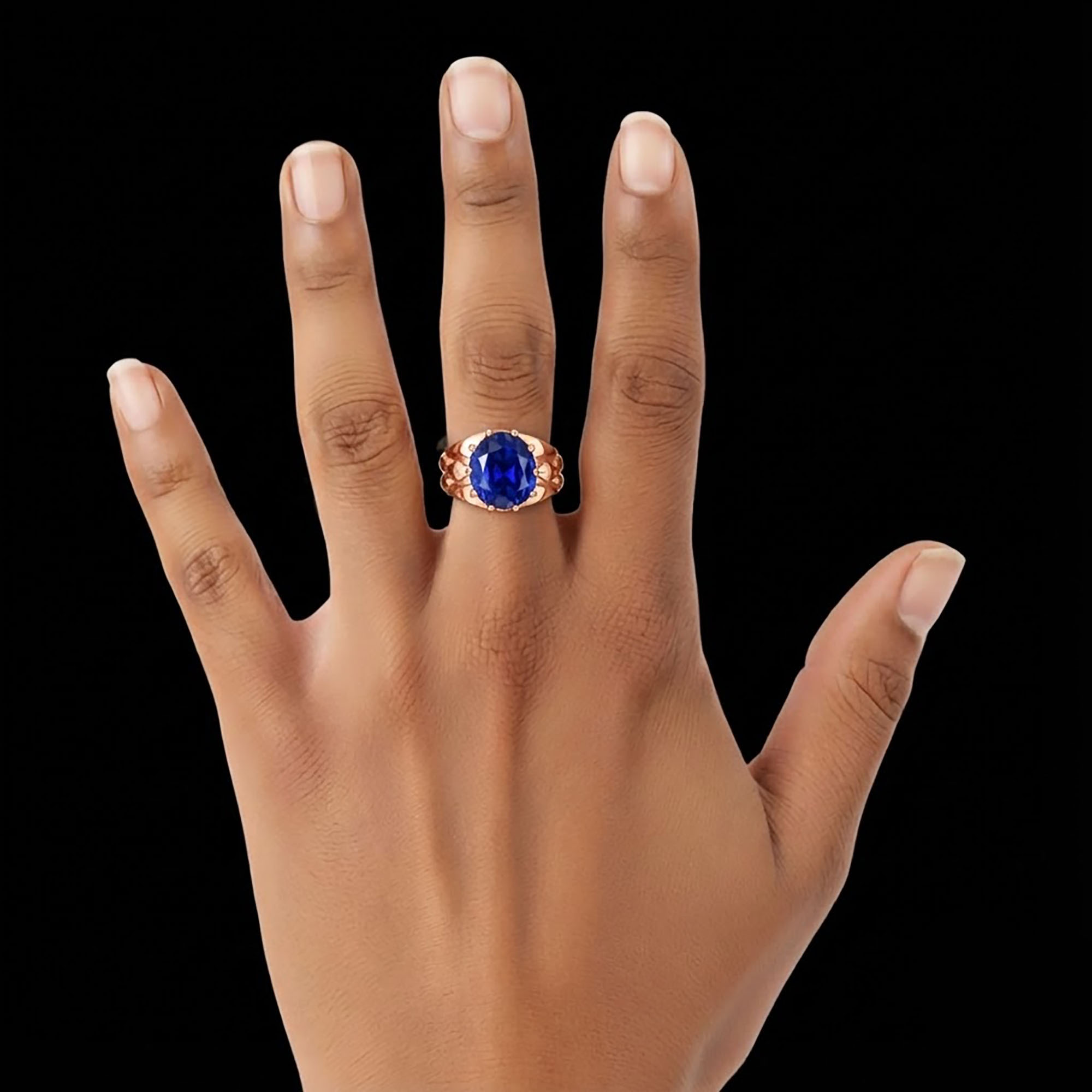 Blue Sapphire (Neelam) Ring for Men in 18K Rose Gold – Oval 11x9 mm, Prong Setting, 4 g (Design KF-14) thumbnail