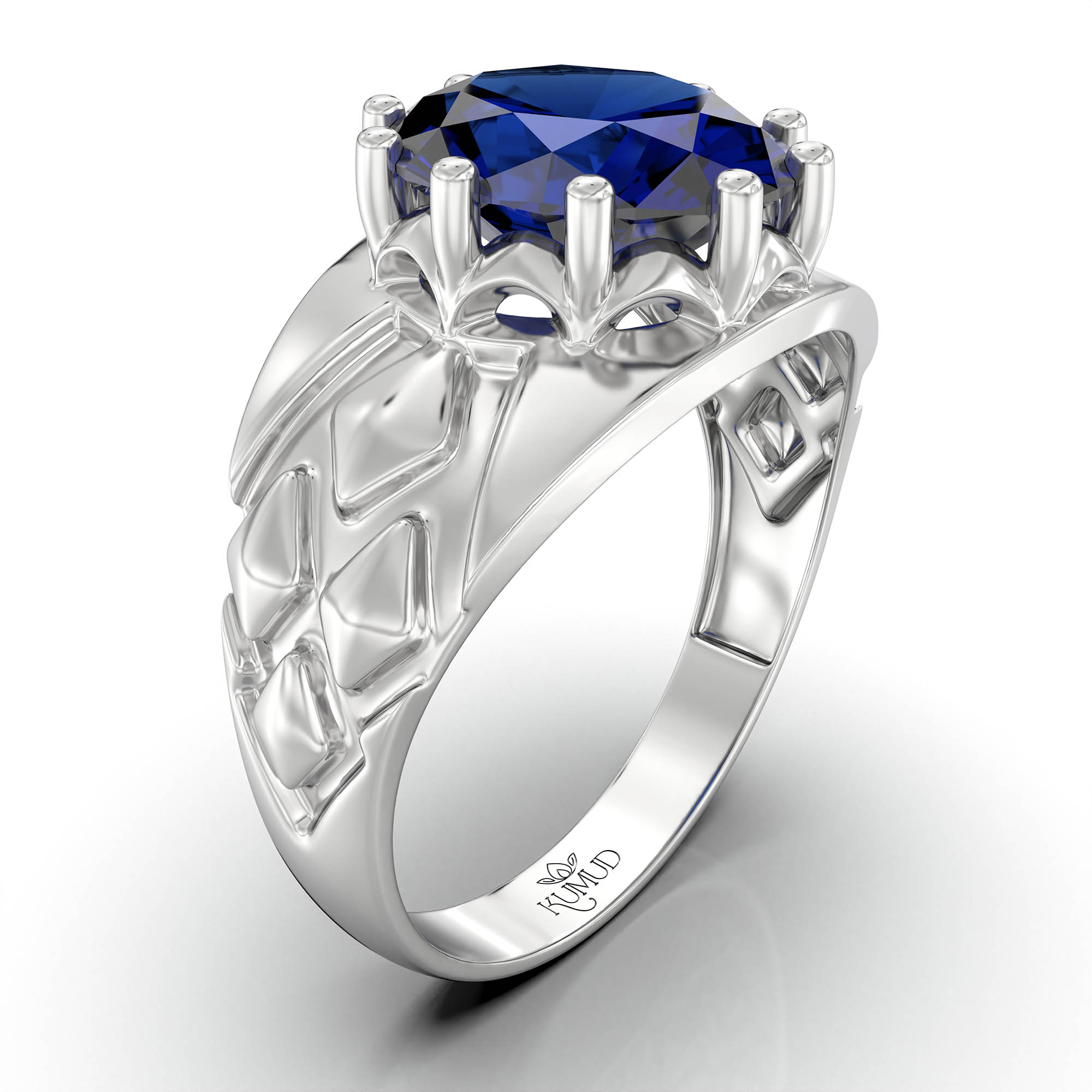 Blue Sapphire (Neelam) Ring for Men in 18K White Gold – Oval 11x9 mm, Prong Setting, 4 g (Design KF-14) thumbnail