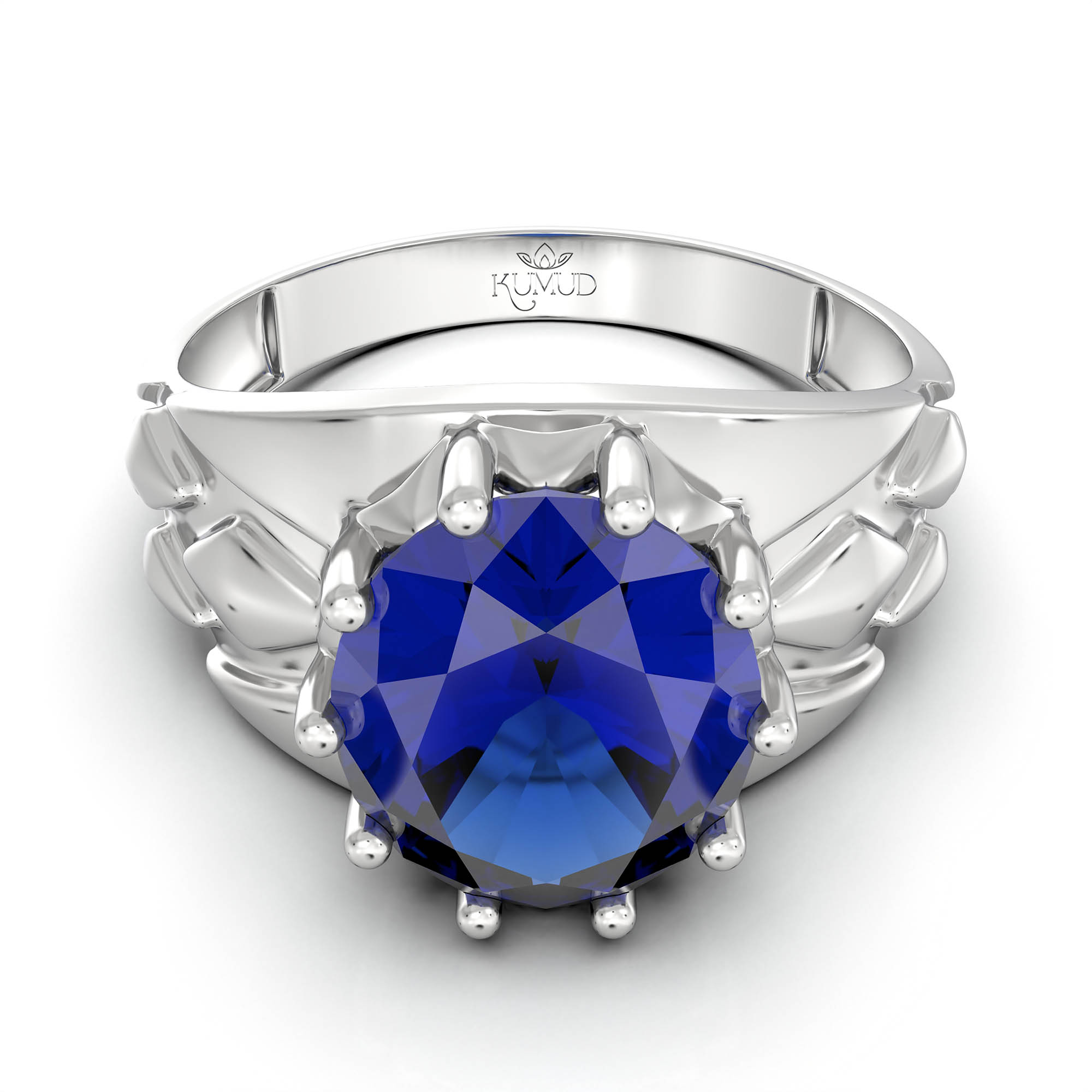 Blue Sapphire (Neelam) Ring for Men in 18K White Gold – Oval 11x9 mm, Prong Setting, 4 g (Design KF-14) thumbnail