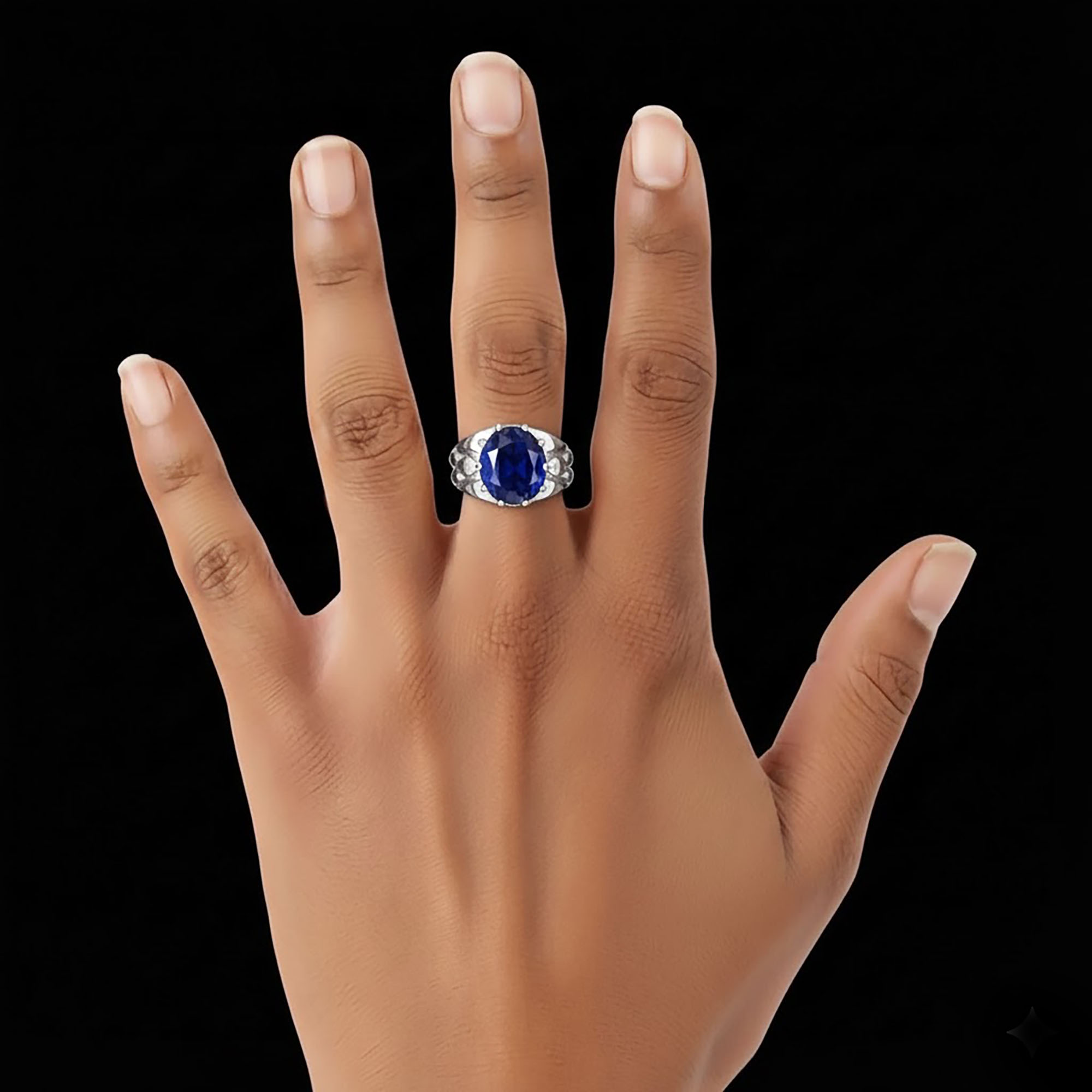 Blue Sapphire (Neelam) Ring for Men in 18K White Gold – Oval 11x9 mm, Prong Setting, 4 g (Design KF-14) thumbnail