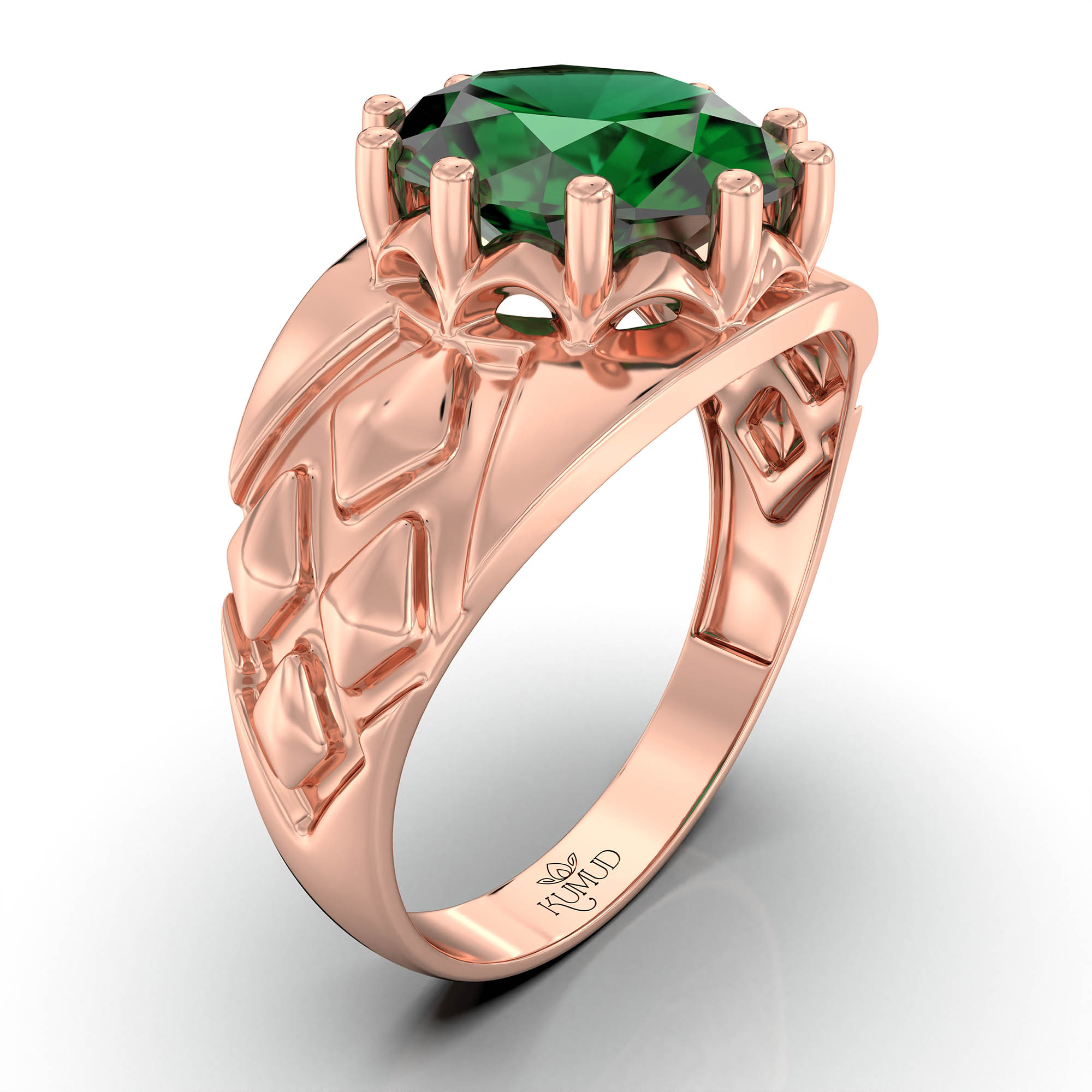 Emerald (Panna) Ring for Men in 18K Rose Gold – Oval 11x9 mm, Prong Setting, 4 g (Design KF-14) thumbnail