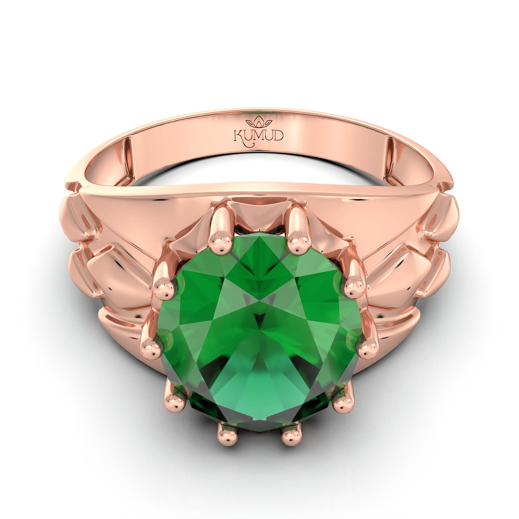 Emerald (Panna) Ring for Men in 18K Rose Gold – Oval 11x9 mm, Prong Setting, 4 g (Design KF-14) thumbnail