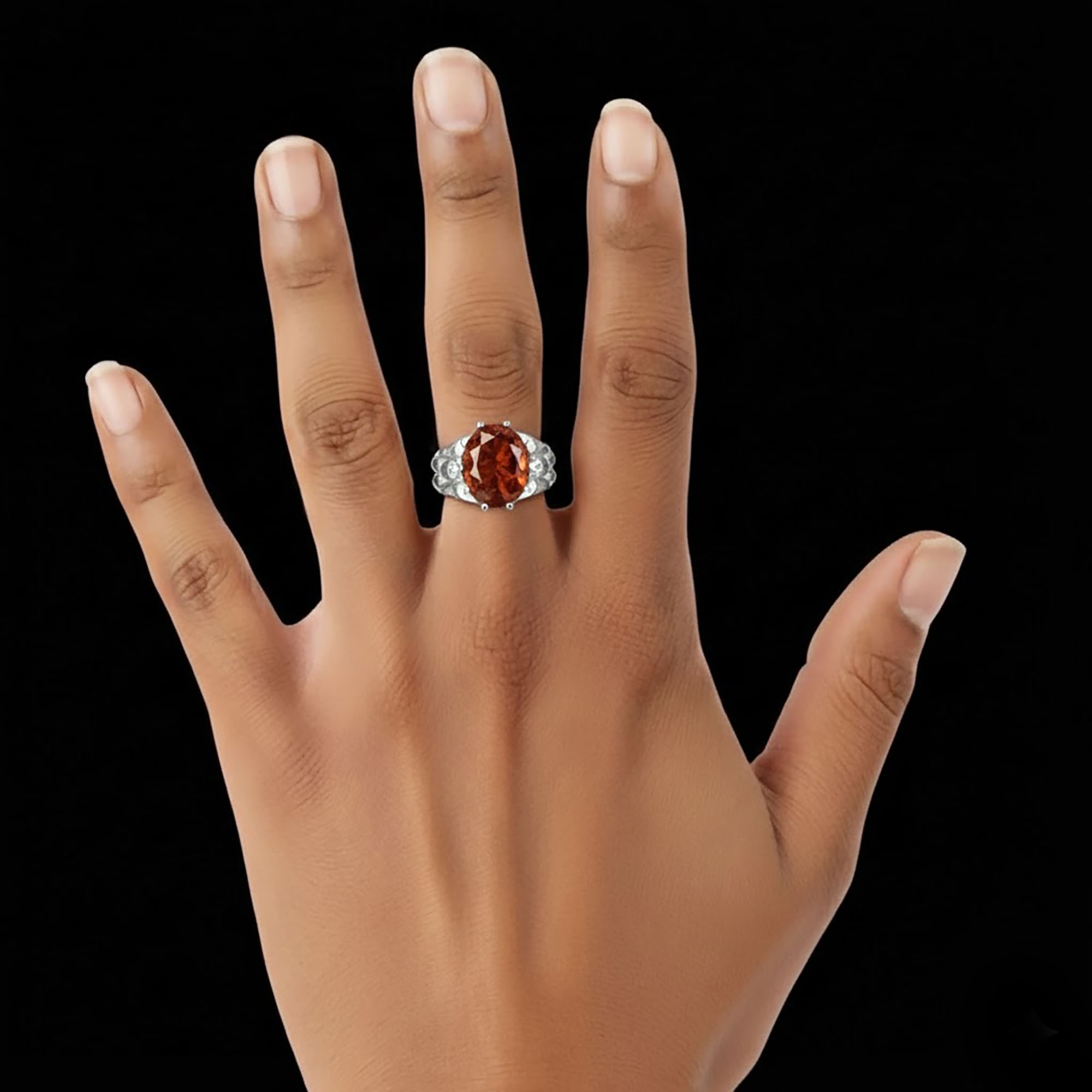 Hessonite (Gomed) Ring for Women in 925 Sterling Silver – Oval 11x9 mm, Prong Setting, 2.4 g (Design KF-14) thumbnail