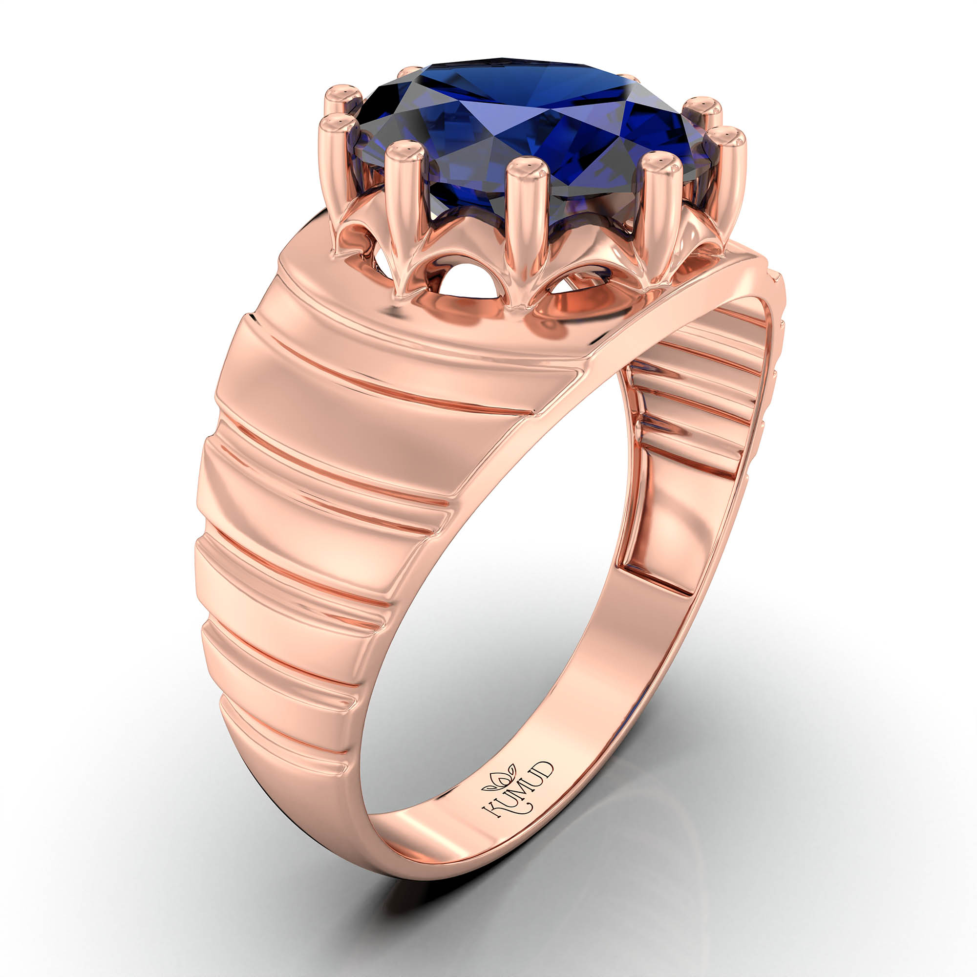 Blue Sapphire (Neelam) Ring for Men in 18K Rose Gold – Oval 11x9 mm, Prong Setting, 4 g (Design KF-15) thumbnail