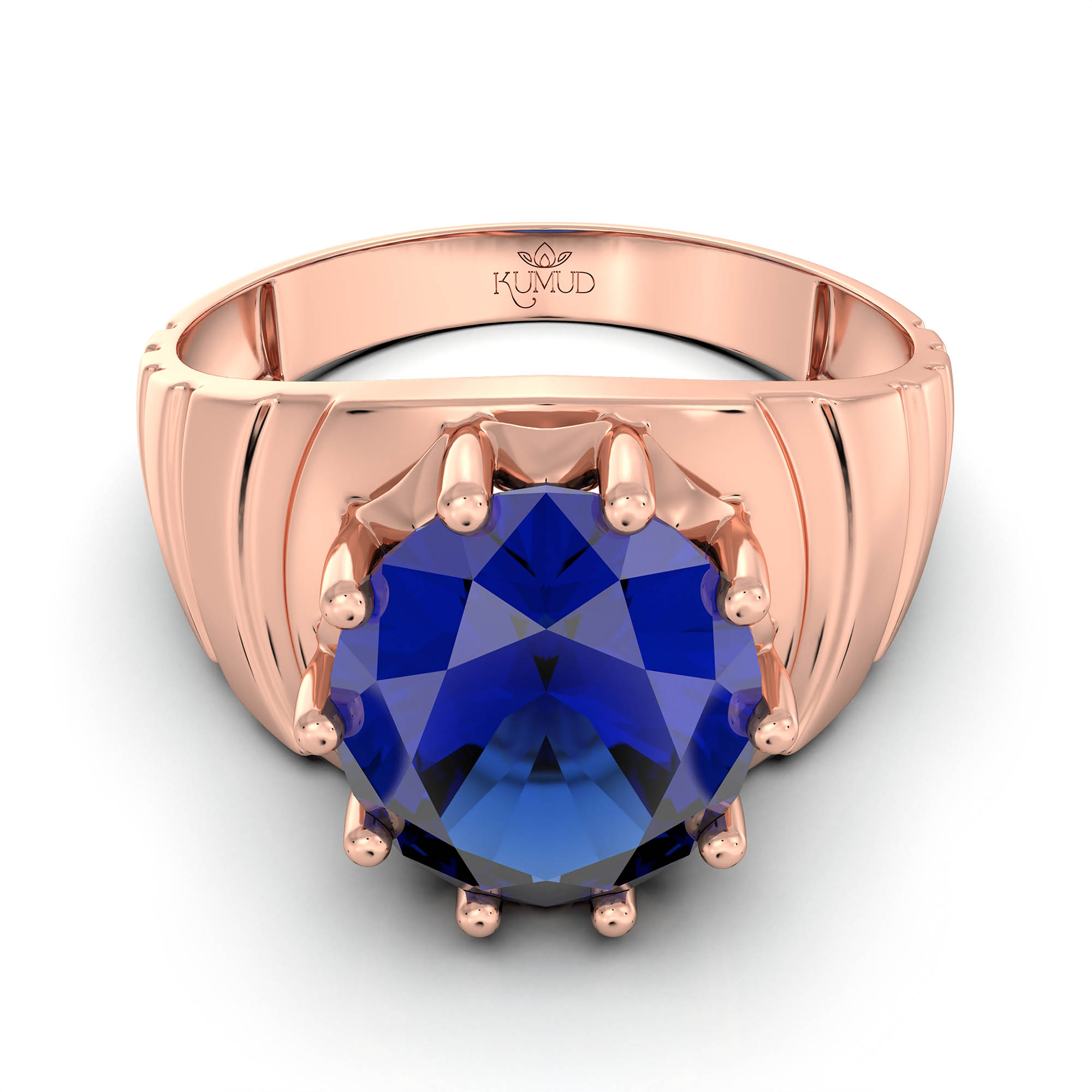 Blue Sapphire (Neelam) Ring for Men in 18K Rose Gold – Oval 11x9 mm, Prong Setting, 4 g (Design KF-15) thumbnail