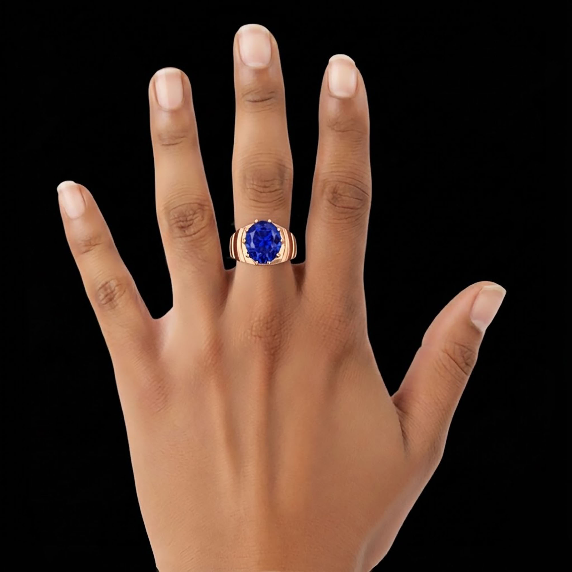 Blue Sapphire (Neelam) Ring for Men in 18K Rose Gold – Oval 11x9 mm, Prong Setting, 4 g (Design KF-15) thumbnail