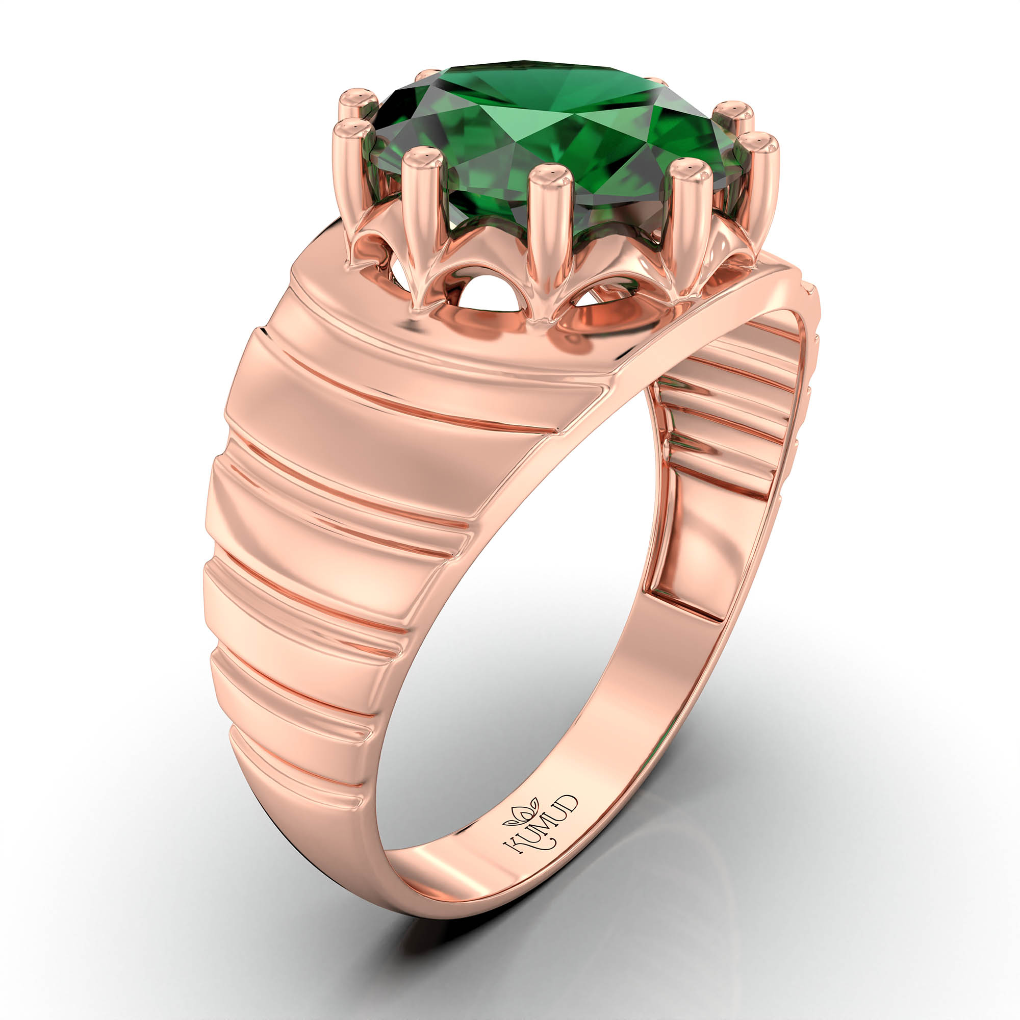 Emerald (Panna) Ring for Men in 18K Rose Gold – Oval 11x9 mm, Prong Setting, 4 g (Design KF-15) thumbnail