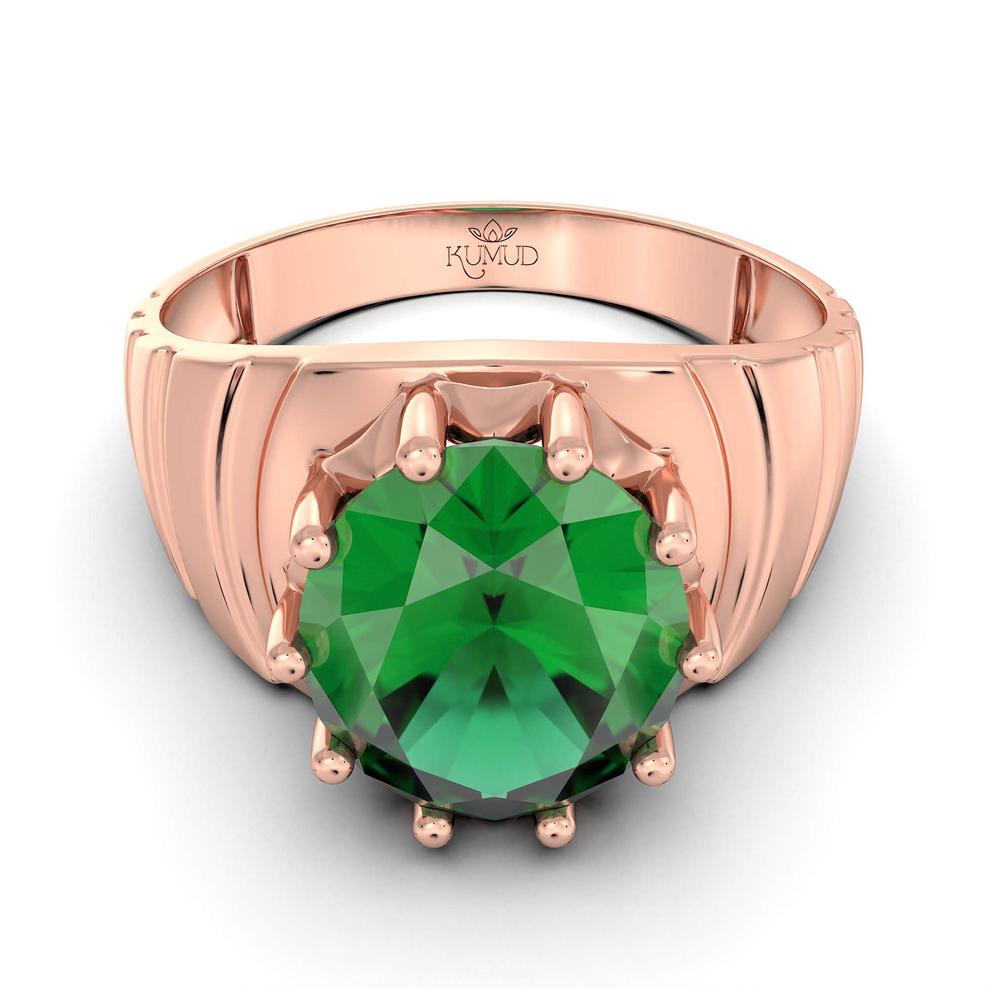 Emerald (Panna) Ring for Men in 18K Rose Gold – Oval 11x9 mm, Prong Setting, 4 g (Design KF-15) thumbnail