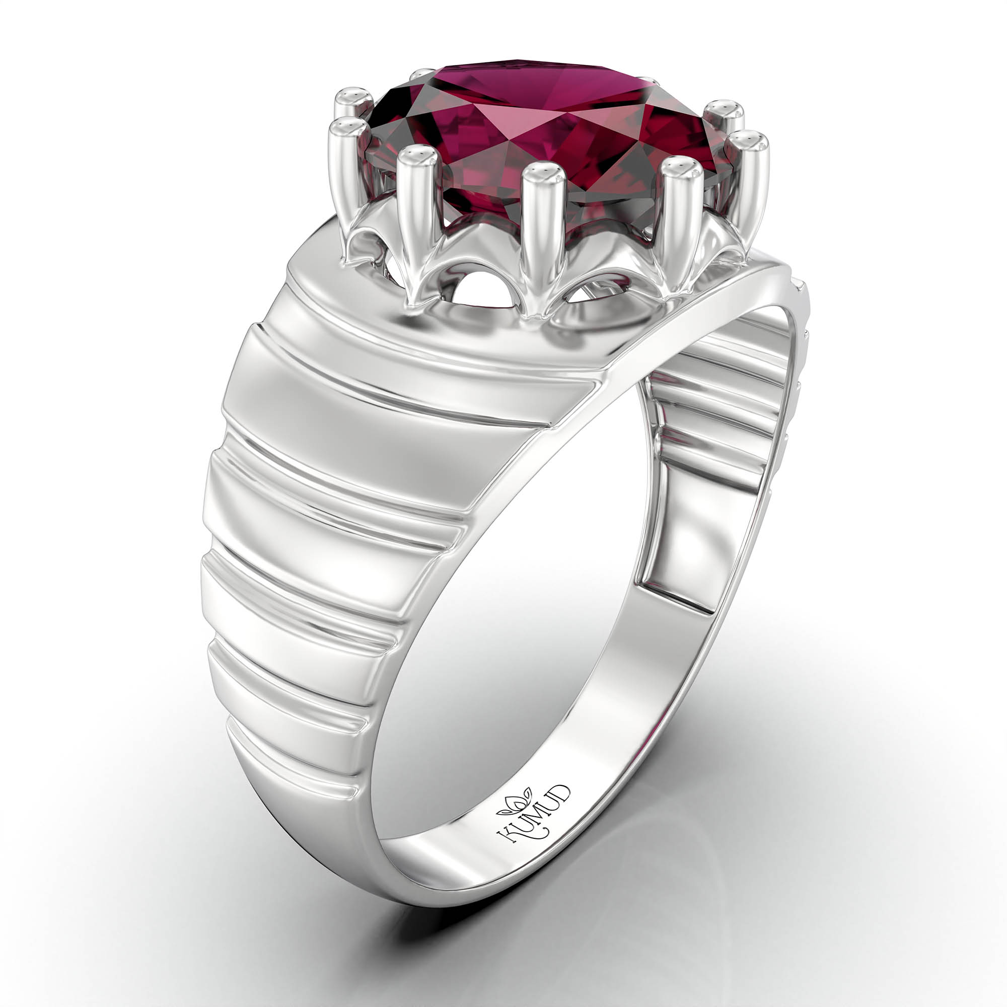 Ruby (Manik) Ring for Men in 18K White Gold – Oval 11x9 mm, Prong Setting, 4 g (Design KF-15) thumbnail