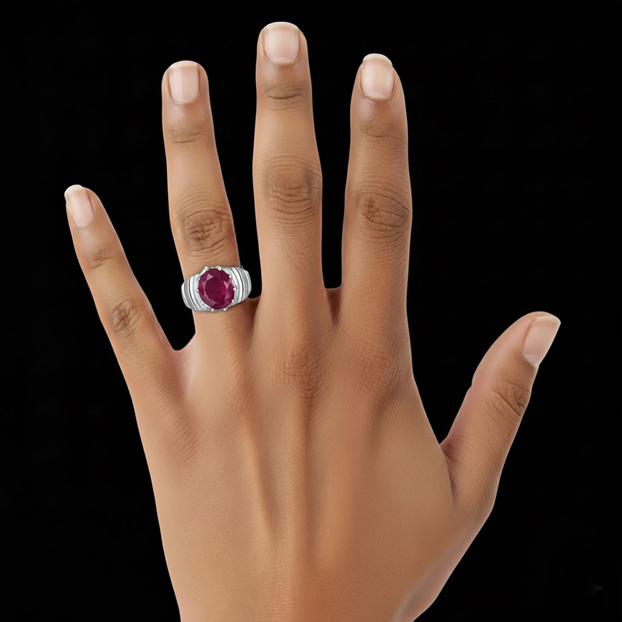 Ruby (Manik) Ring for Men in 18K White Gold – Oval 11x9 mm, Prong Setting, 4 g (Design KF-15) thumbnail