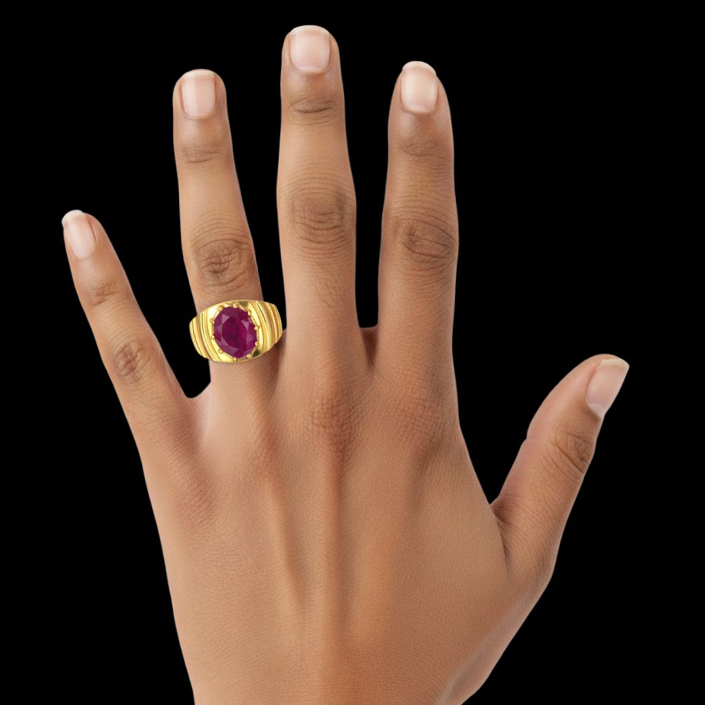 Ruby (Manik) Ring for Men in 22K Yellow Gold – Oval 11x9 mm, Prong Setting, 4 g (Design KF-15) thumbnail