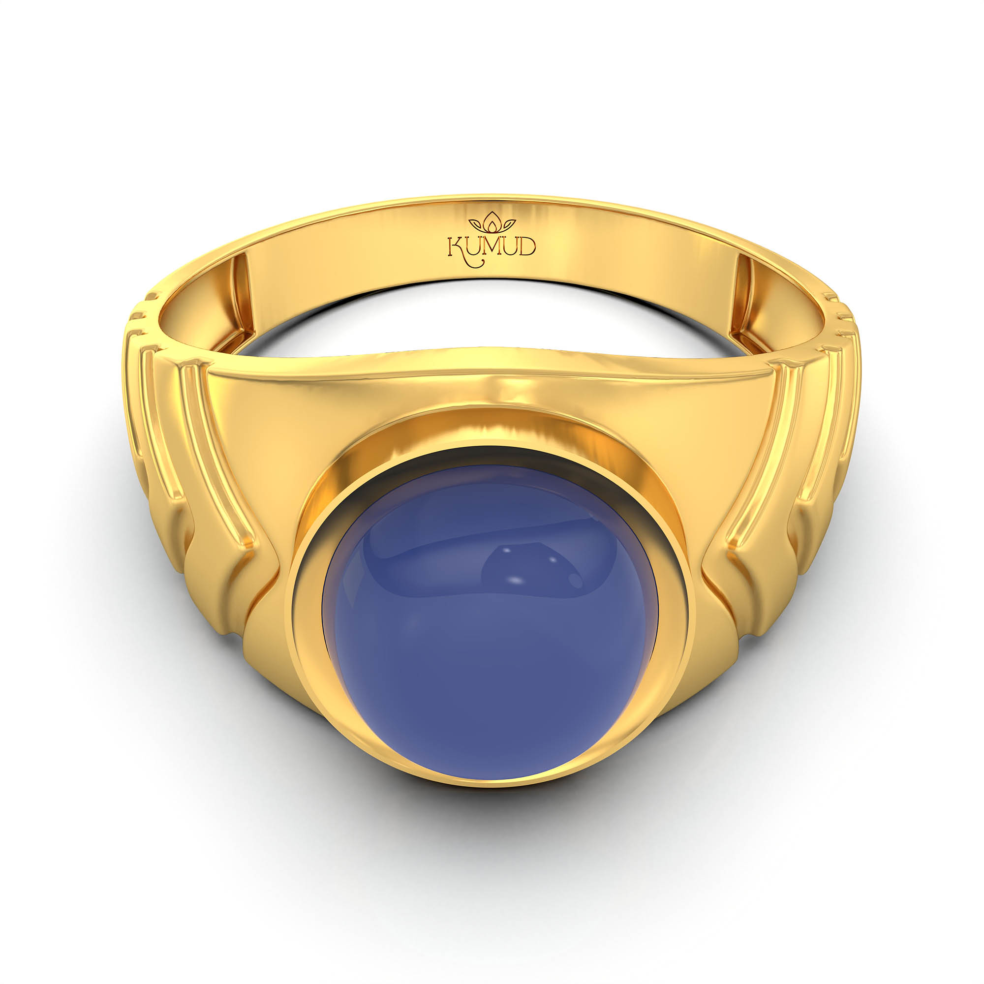 Blue Sapphire (Neelam) Ring for Men in 22K Yellow Gold – Oval Cabochon 9x8 mm, Bezel Setting, 4 g (Design KF-16) thumbnail