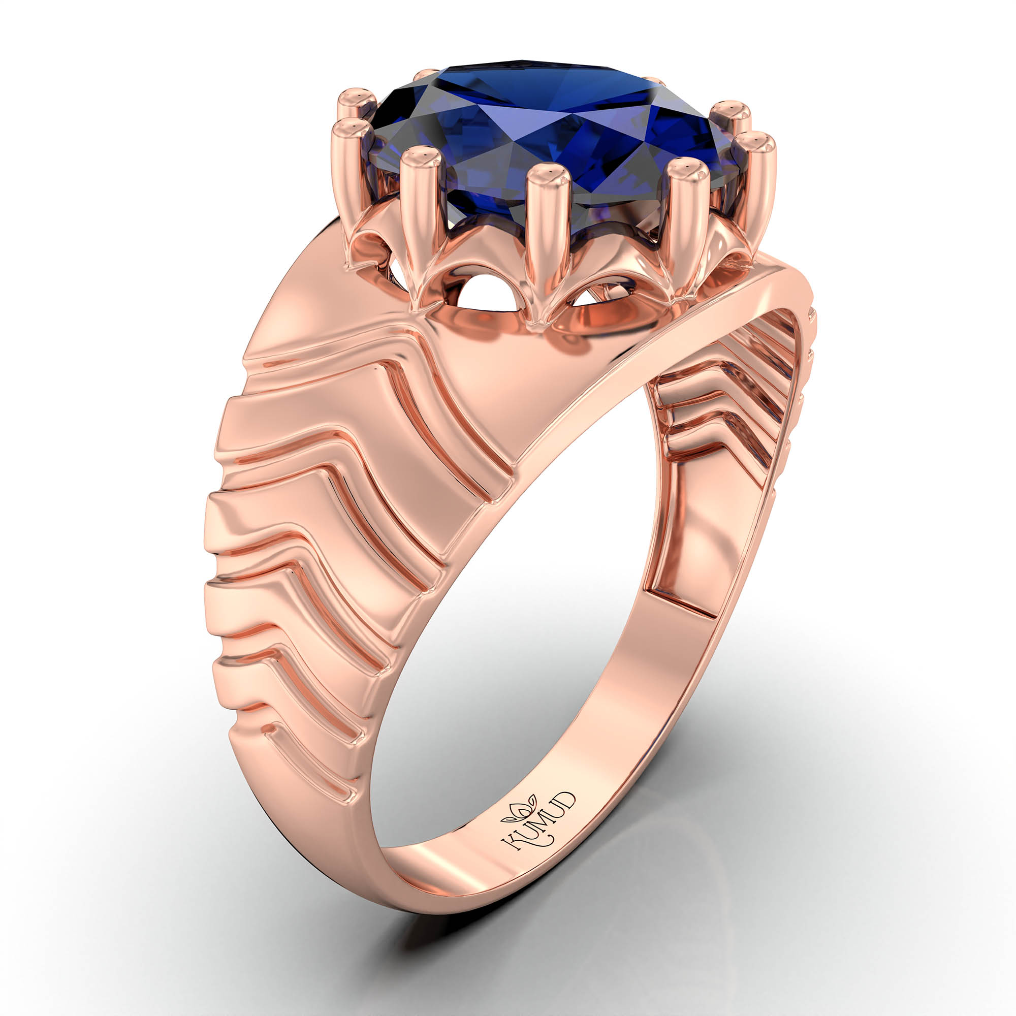 Blue Sapphire (Neelam) Ring for Men in 18K Rose Gold – Oval 11x9 mm, Prong Setting, 4 g (Design KF-16) thumbnail