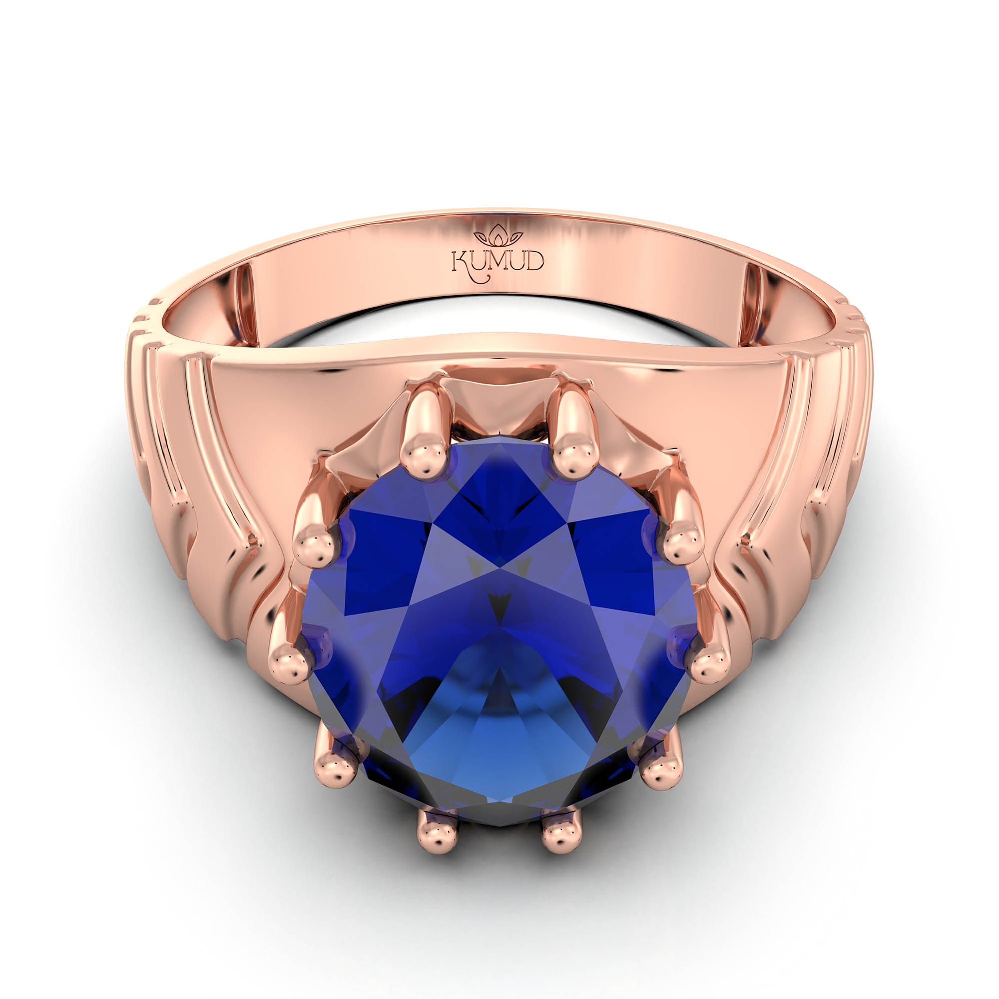 Blue Sapphire (Neelam) Ring for Men in 18K Rose Gold – Oval 11x9 mm, Prong Setting, 4 g (Design KF-16) thumbnail
