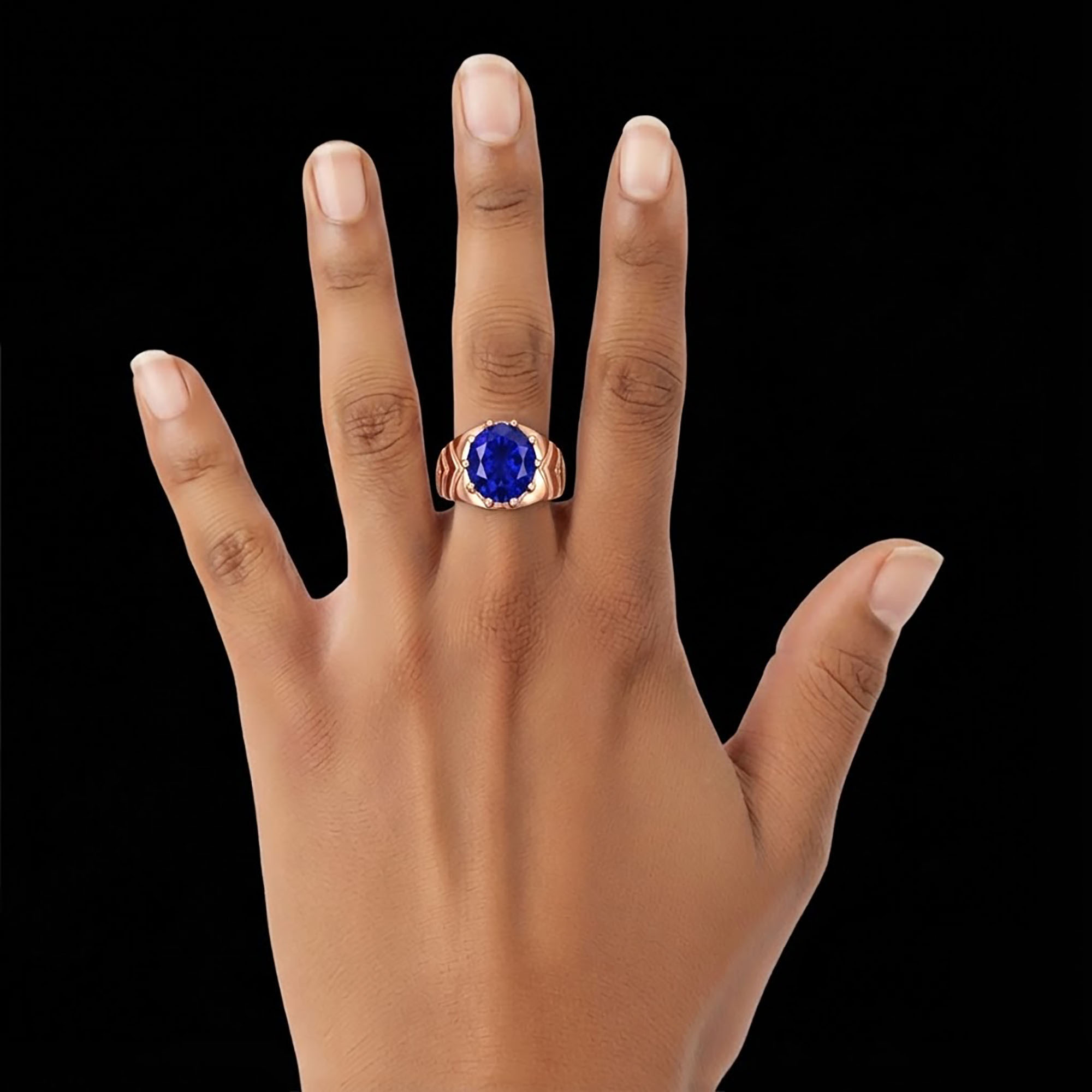 Blue Sapphire (Neelam) Ring for Men in 18K Rose Gold – Oval 11x9 mm, Prong Setting, 4 g (Design KF-16) thumbnail